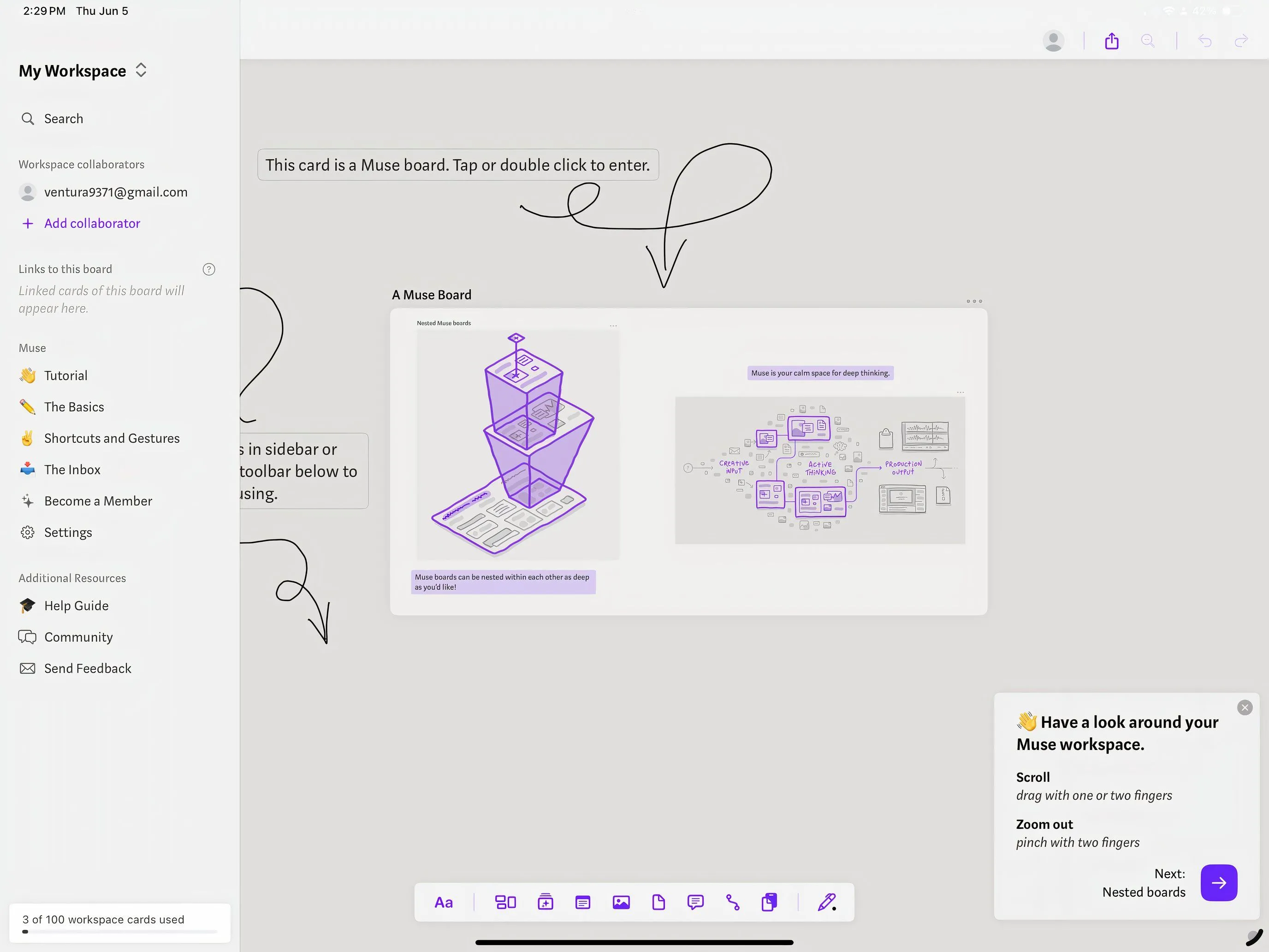 Màn hình ứng dụng Muse trên iPad hiển thị bảng trắng kỹ thuật số để sắp xếp ý tưởng
