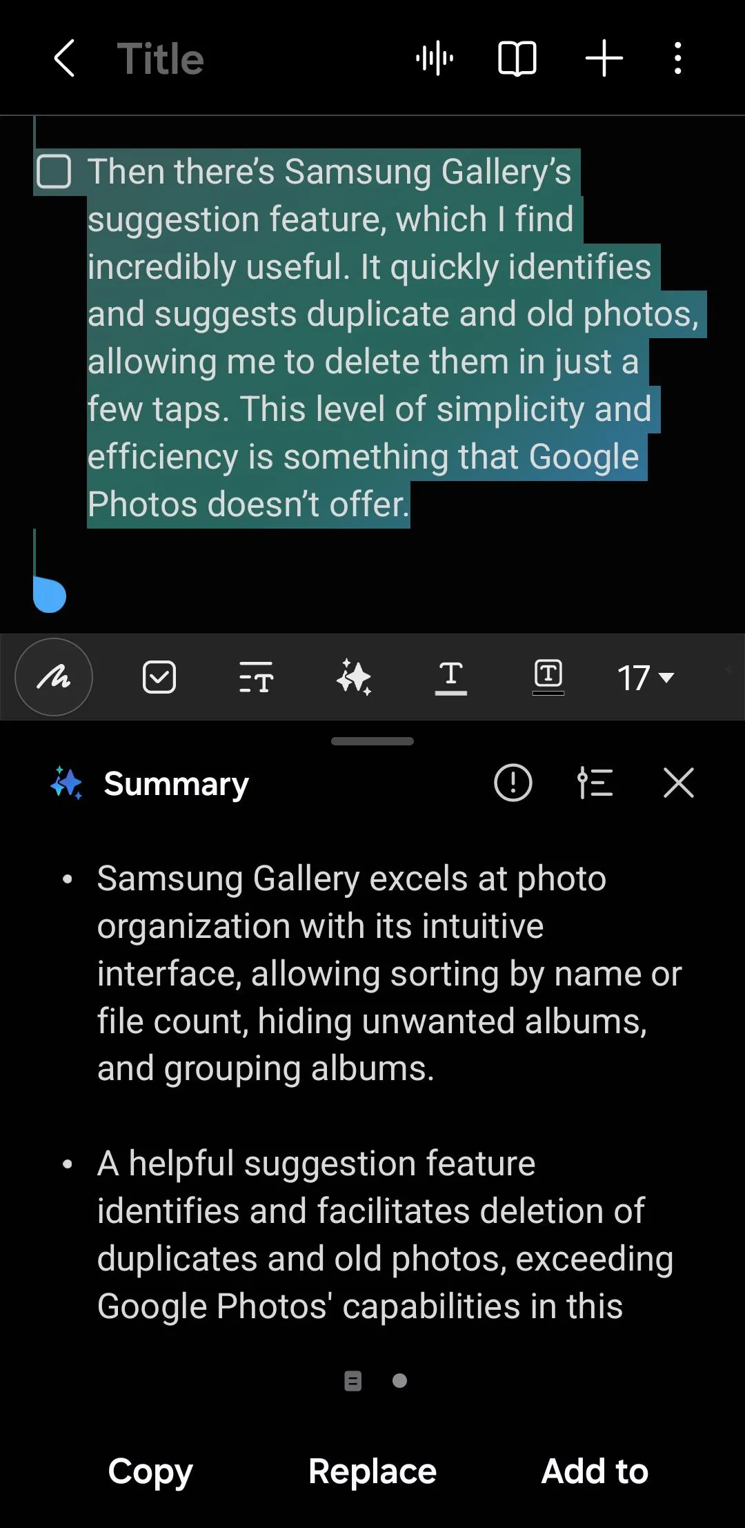 Màn hình ứng dụng Samsung Notes hiển thị bản tóm tắt ghi chú