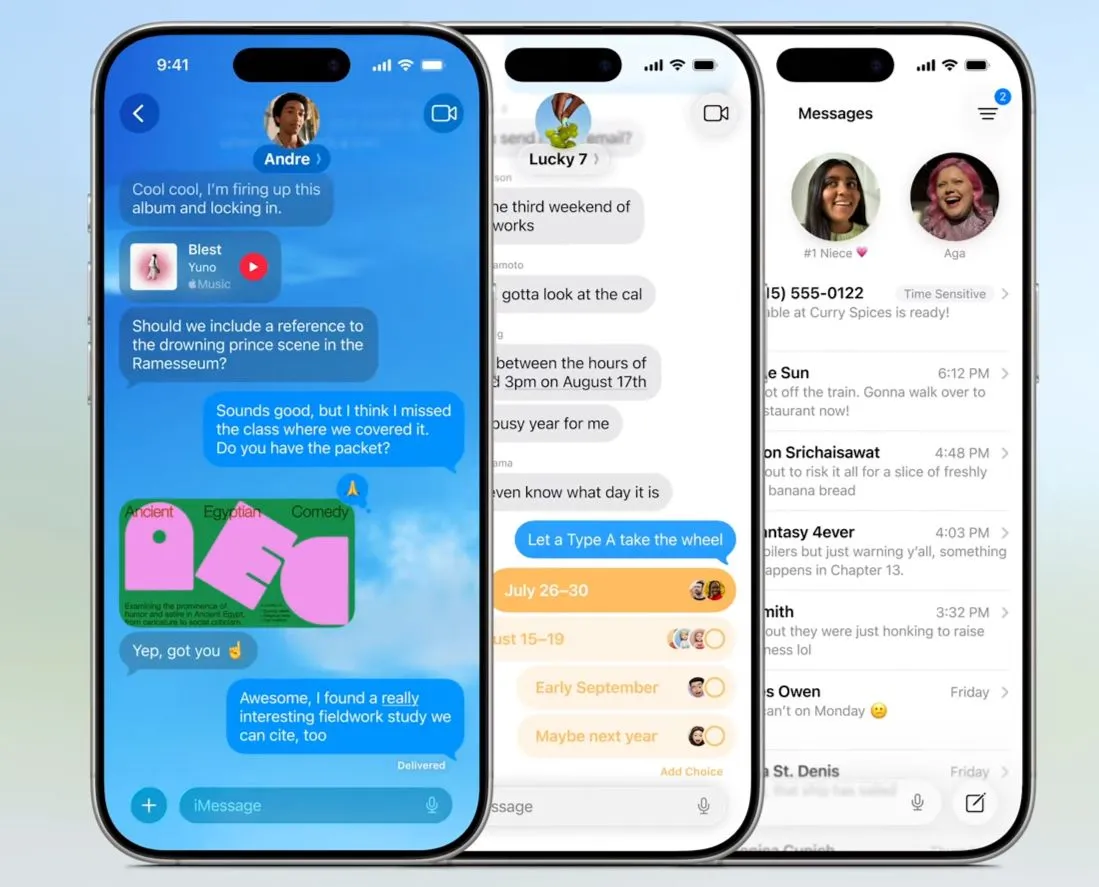 Màn hình ứng dụng Tin nhắn trong iOS 26 hiển thị các tính năng mới cho nhóm chat, bao gồm thăm dò ý kiến và dịch thuật.