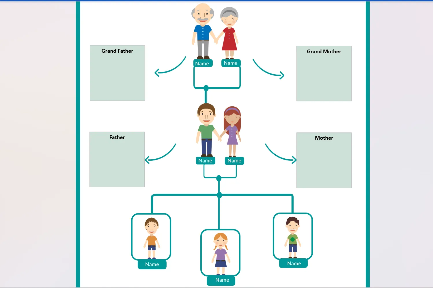 Mẫu cây gia phả chi tiết dành cho trẻ em trong Microsoft Word với hình ảnh minh họa vui nhộn.