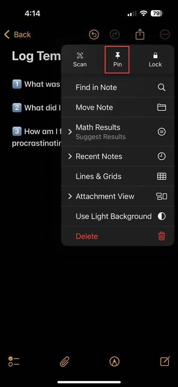 Mẫu ghi chú nhật ký trì hoãn được ghim trong ứng dụng Apple Notes trên iPhone.