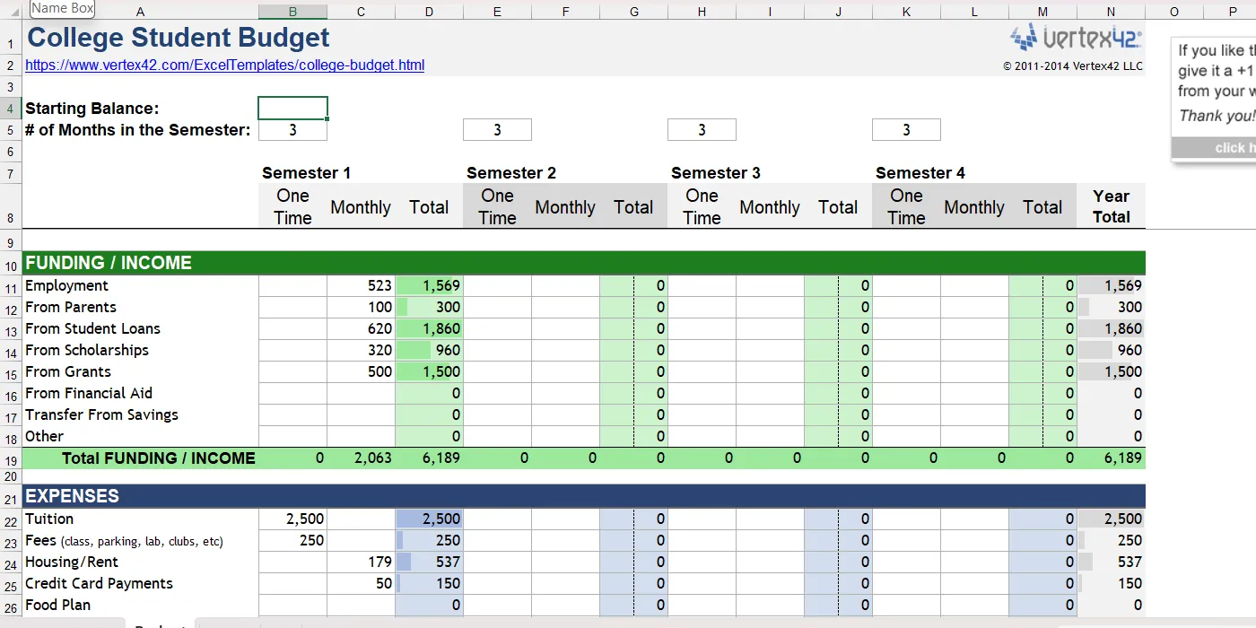 mẫu ngân sách sinh viên excel