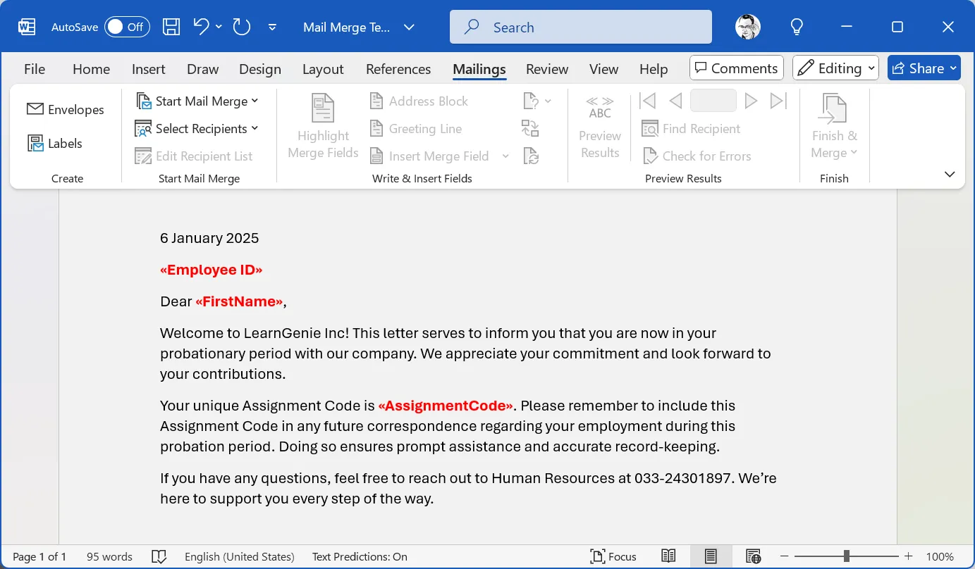 Mẫu thư cá nhân hóa trong Word với các trường trộn thư như tên và công ty, sẵn sàng cho Mail Merge