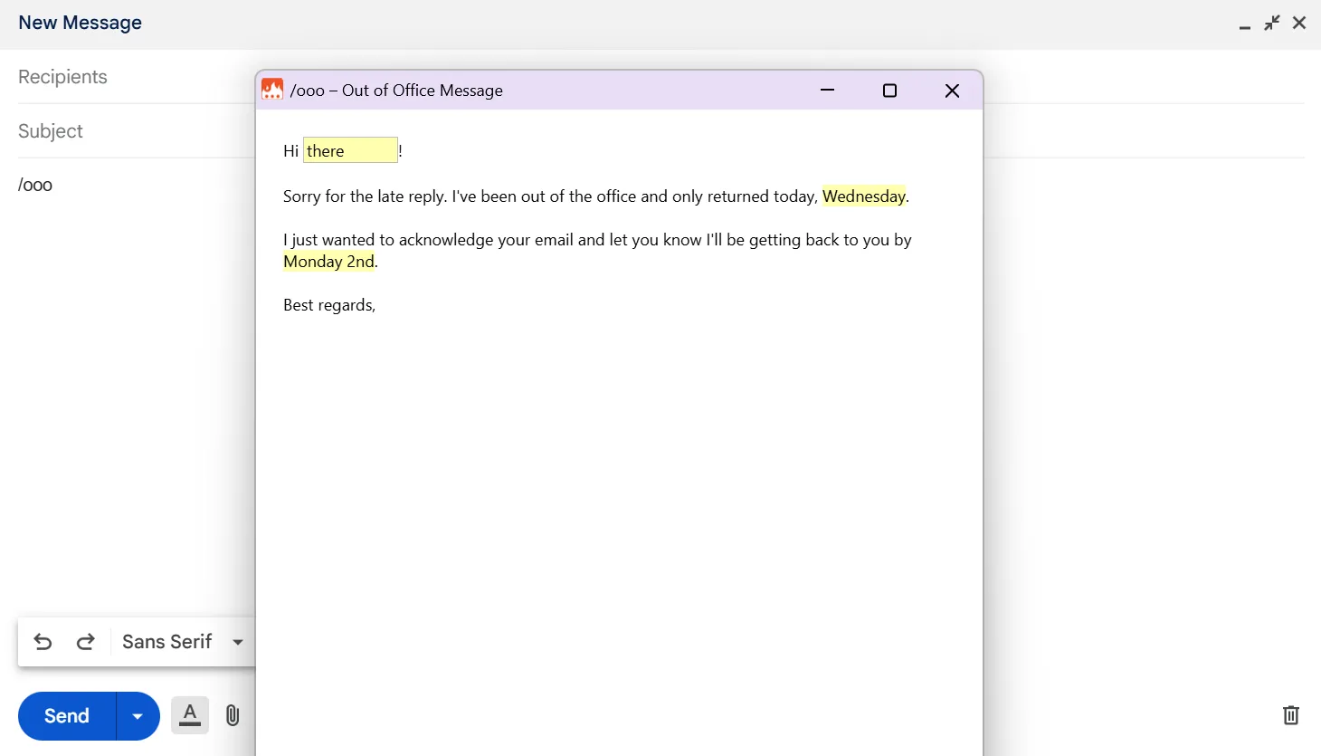 Mẫu trả lời tự động &quot;Ngoài văn phòng&quot; được tạo bằng Text Blaze trong Gmail, hiển thị các trường nhập liệu tùy chỉnh