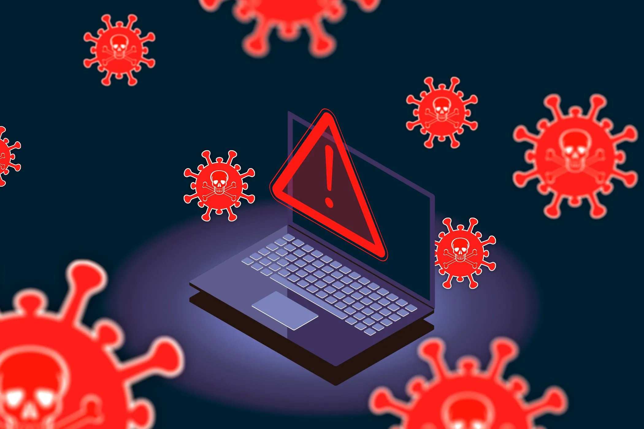 Máy tính xách tay hiển thị cảnh báo với các biểu tượng virus, minh họa nguy hiểm từ tệp đính kèm chứa mã độc.