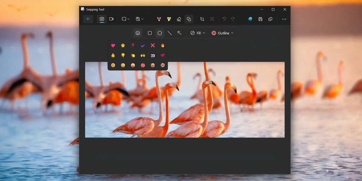Menu biểu tượng cảm xúc trong tùy chọn Hình dạng của Snipping Tool trên Windows 11