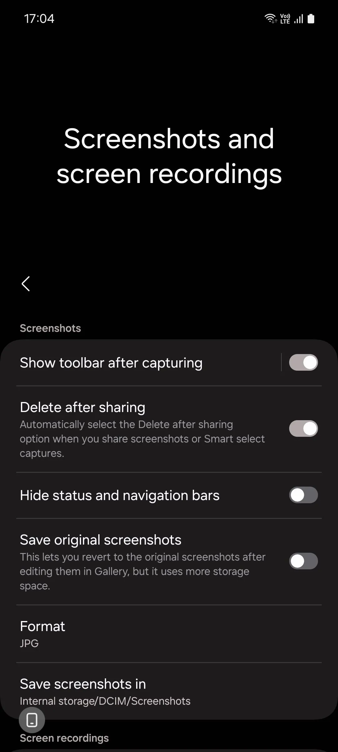 Menu Cài đặt Ảnh chụp màn hình và quay màn hình trên Samsung One UI 6.1