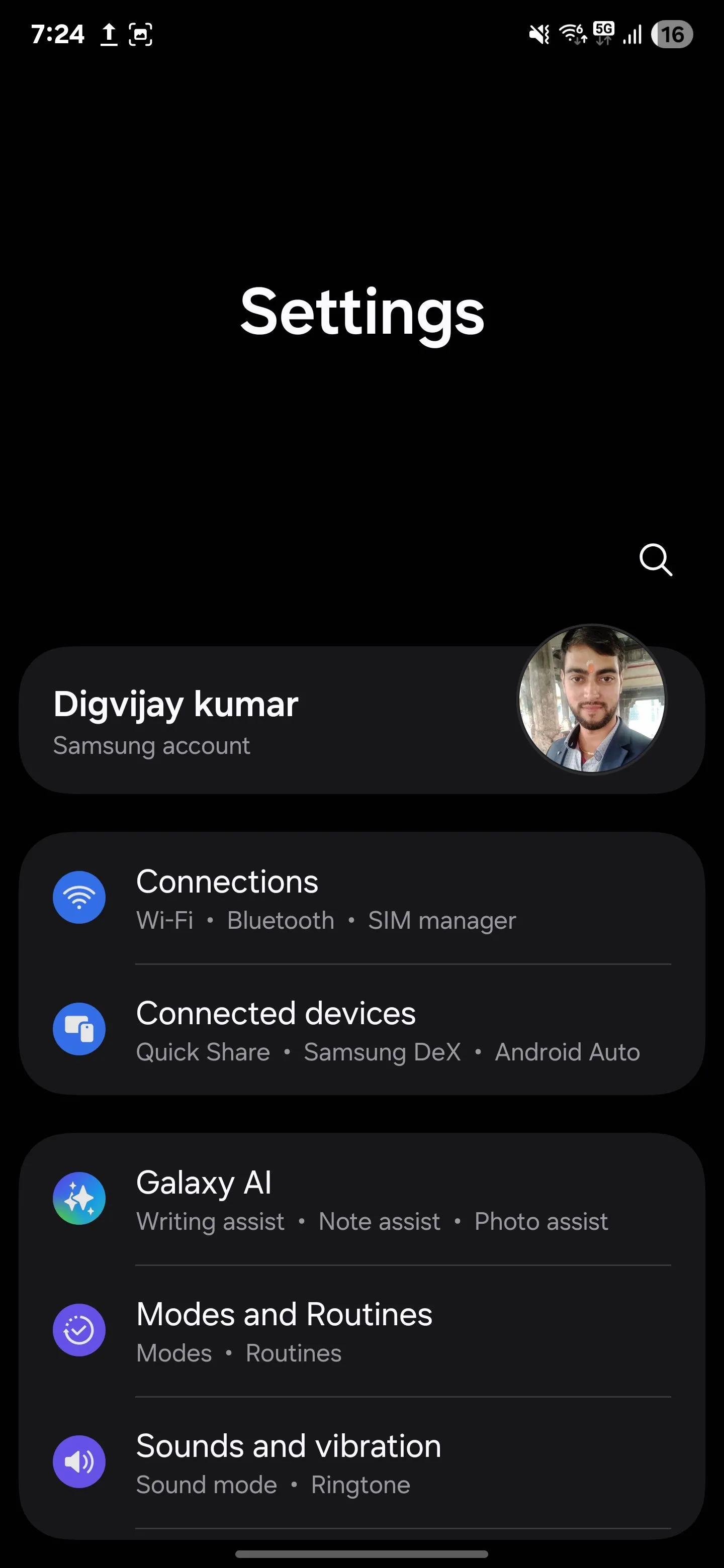 Menu cài đặt chung của điện thoại Samsung