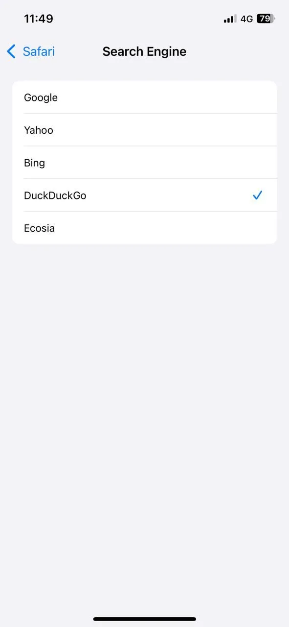 Menu cài đặt công cụ tìm kiếm mặc định trên iPhone