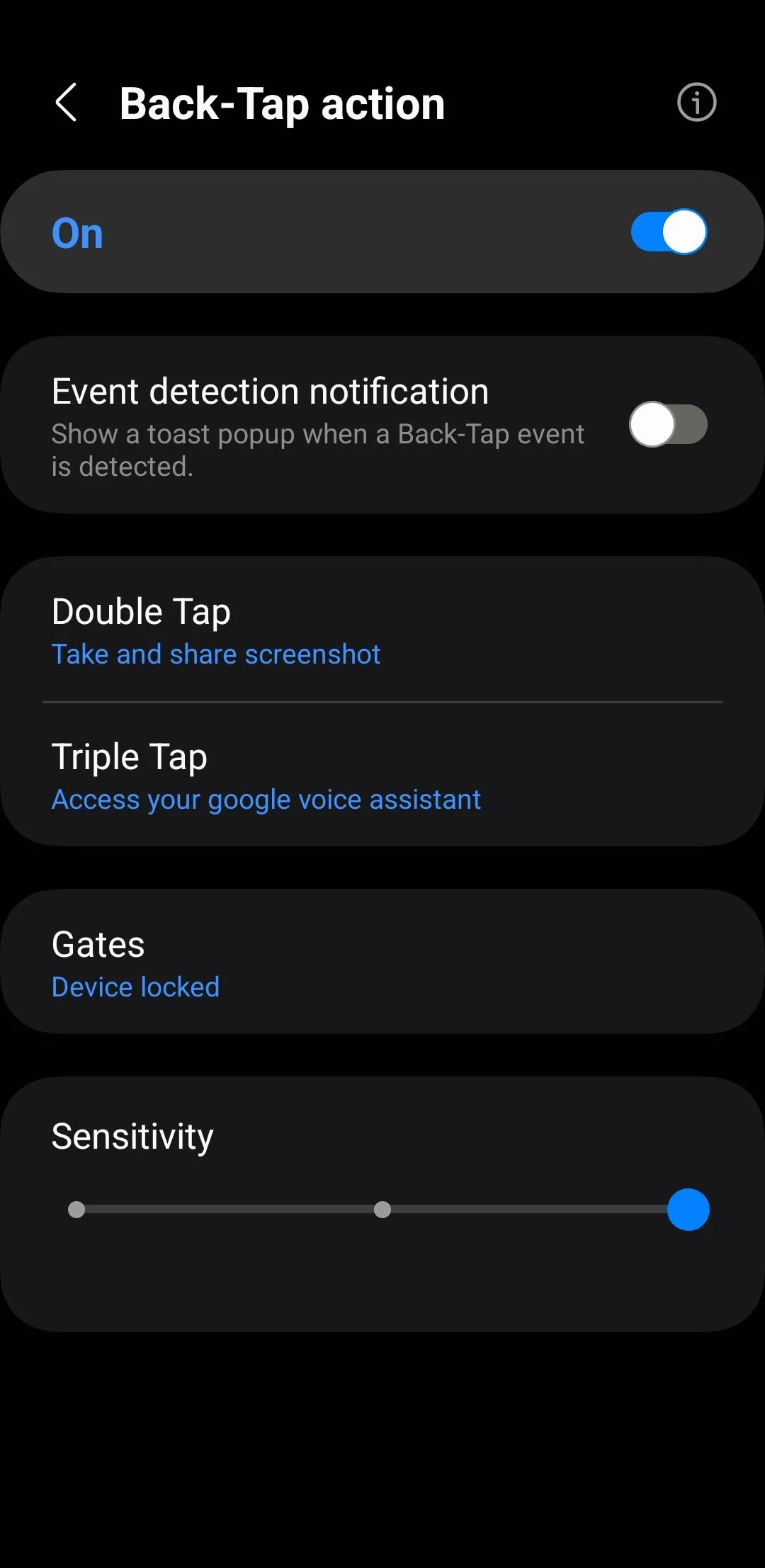 Menu cài đặt cử chỉ chạm lưng (Back Tap) trên điện thoại Samsung, cho phép gán các hành động tùy chỉnh thông qua module RegiStar của Good Lock.