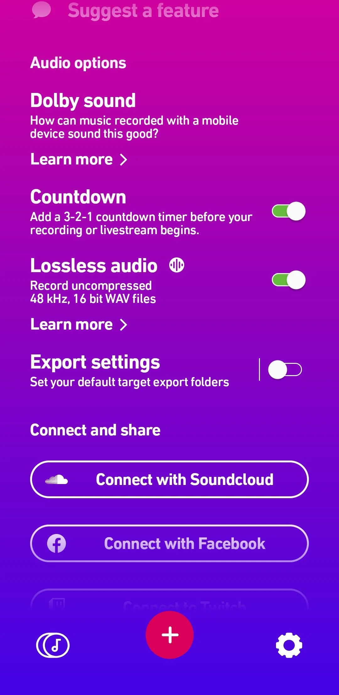 Menu cài đặt của Dolby On hiển thị tùy chọn hẹn giờ đếm ngược trước khi ghi âm