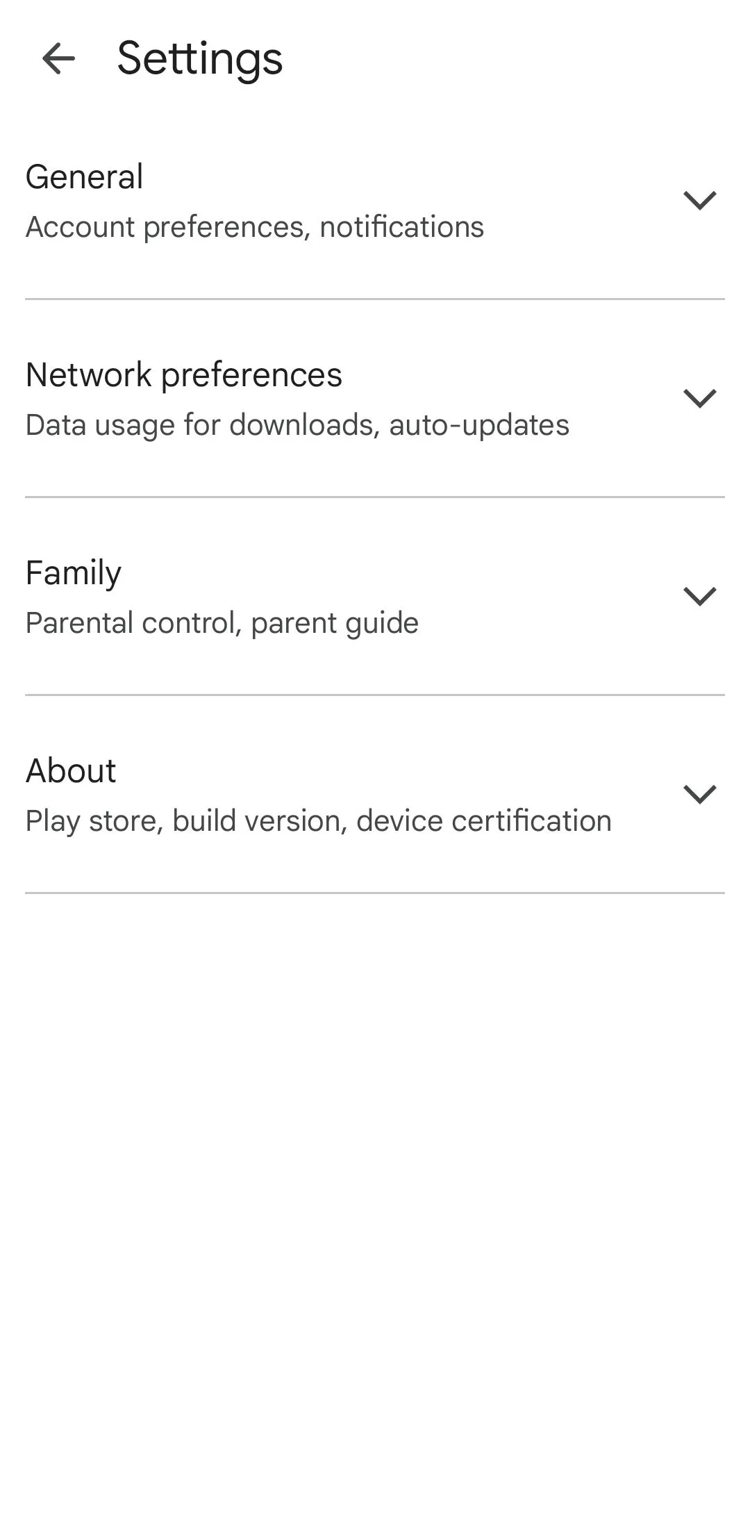 Menu cài đặt của Google Play Store trên thiết bị Android, nơi người dùng có thể tìm thấy tùy chọn thiết lập Thư viện Gia đình.