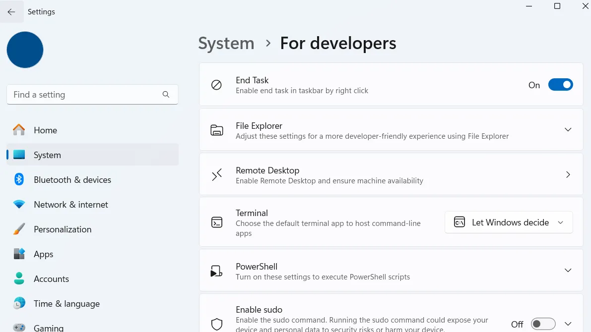 Menu cài đặt dành cho nhà phát triển trong ứng dụng Cài đặt của Windows 11