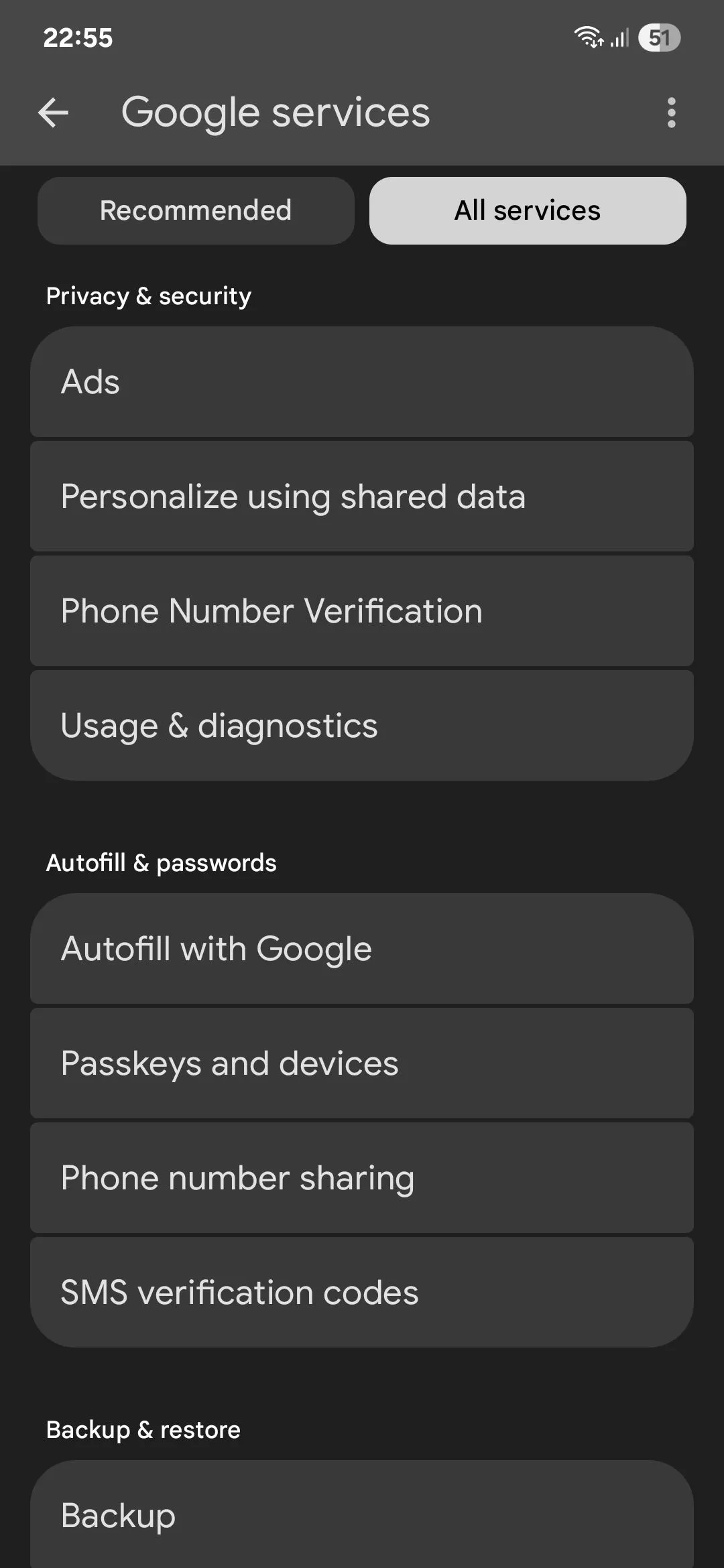 Menu cài đặt Dịch vụ Google trên Android, hiển thị tùy chọn Quảng cáo.