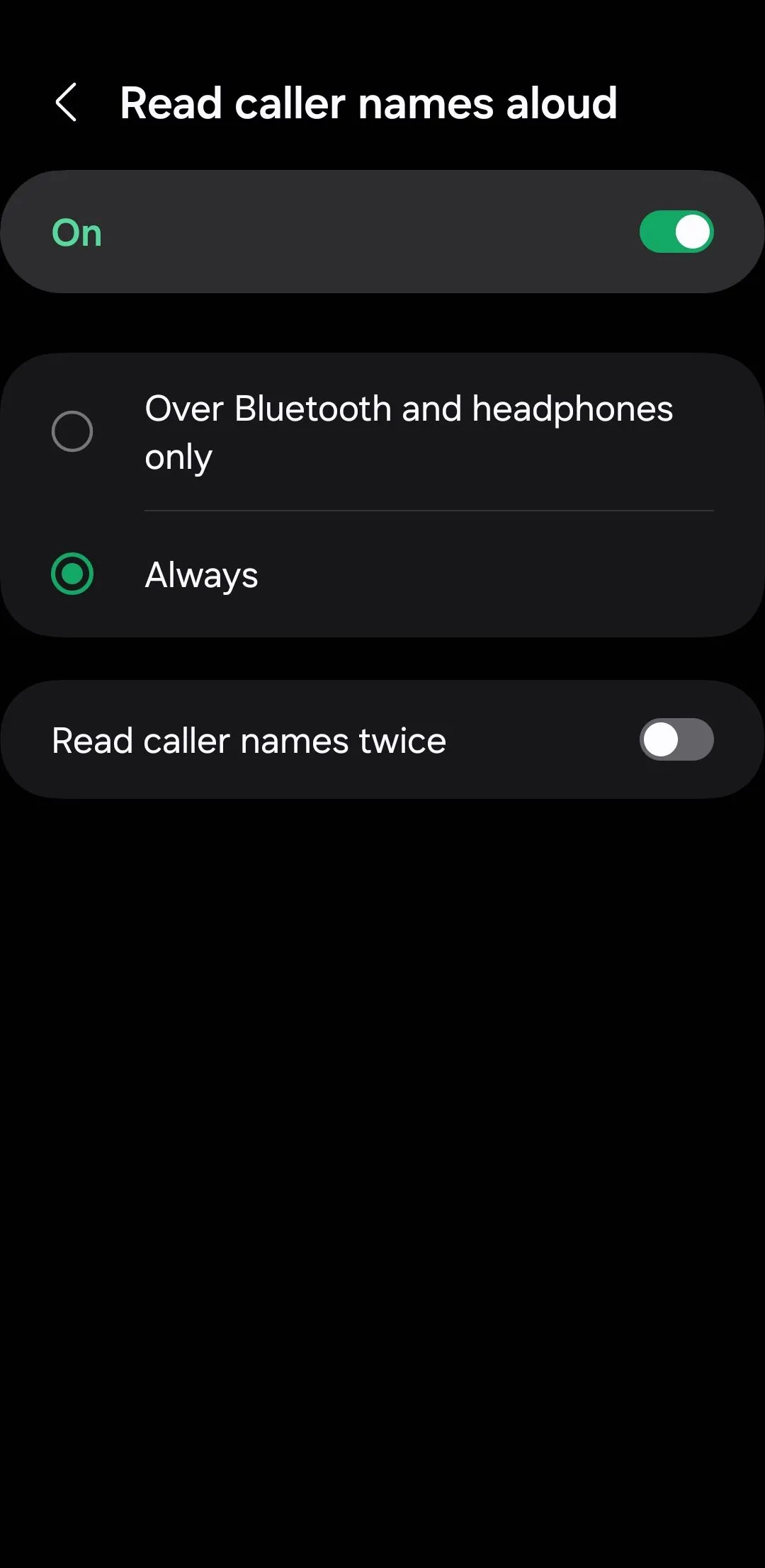 Menu cài đặt đọc tên người gọi đến trên Android