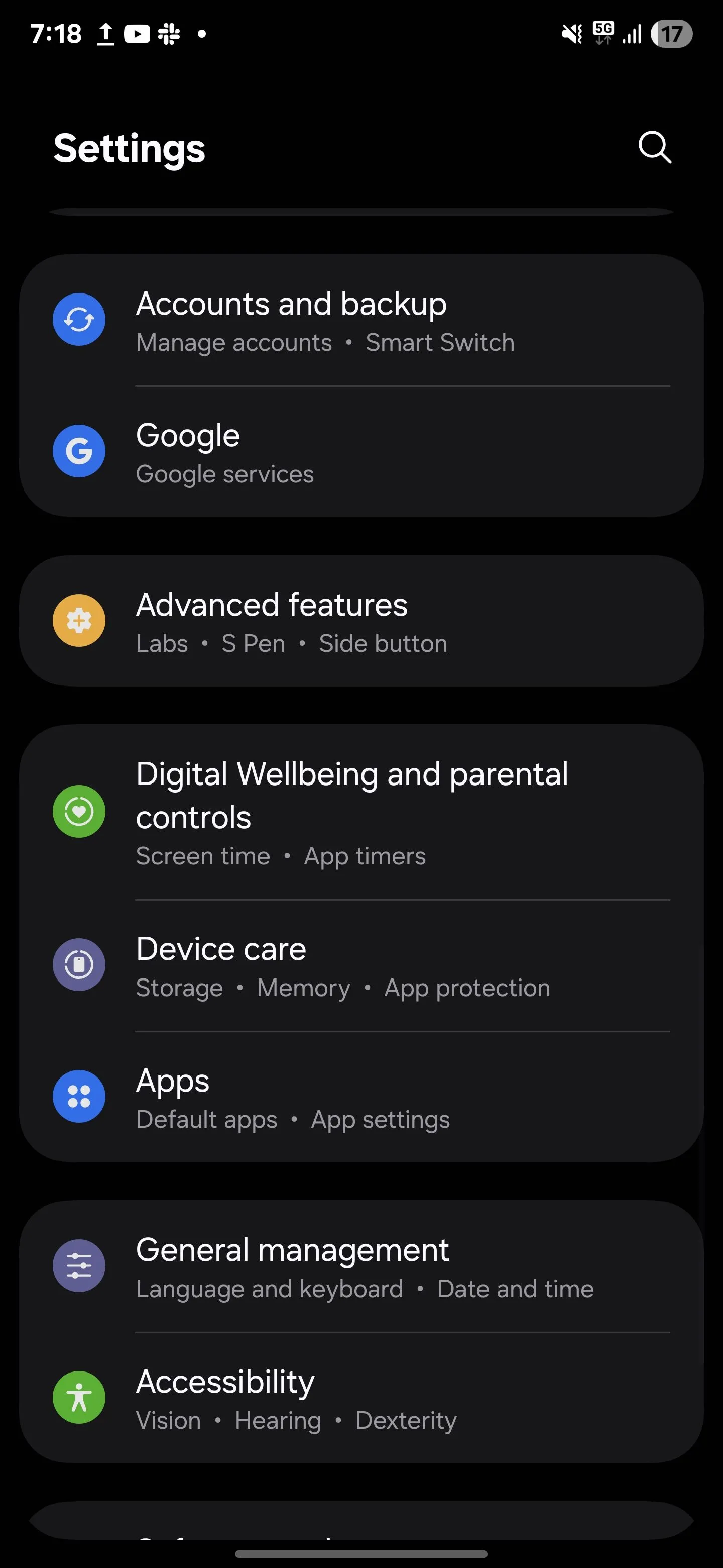 Menu Cài đặt nâng cao trên điện thoại Samsung