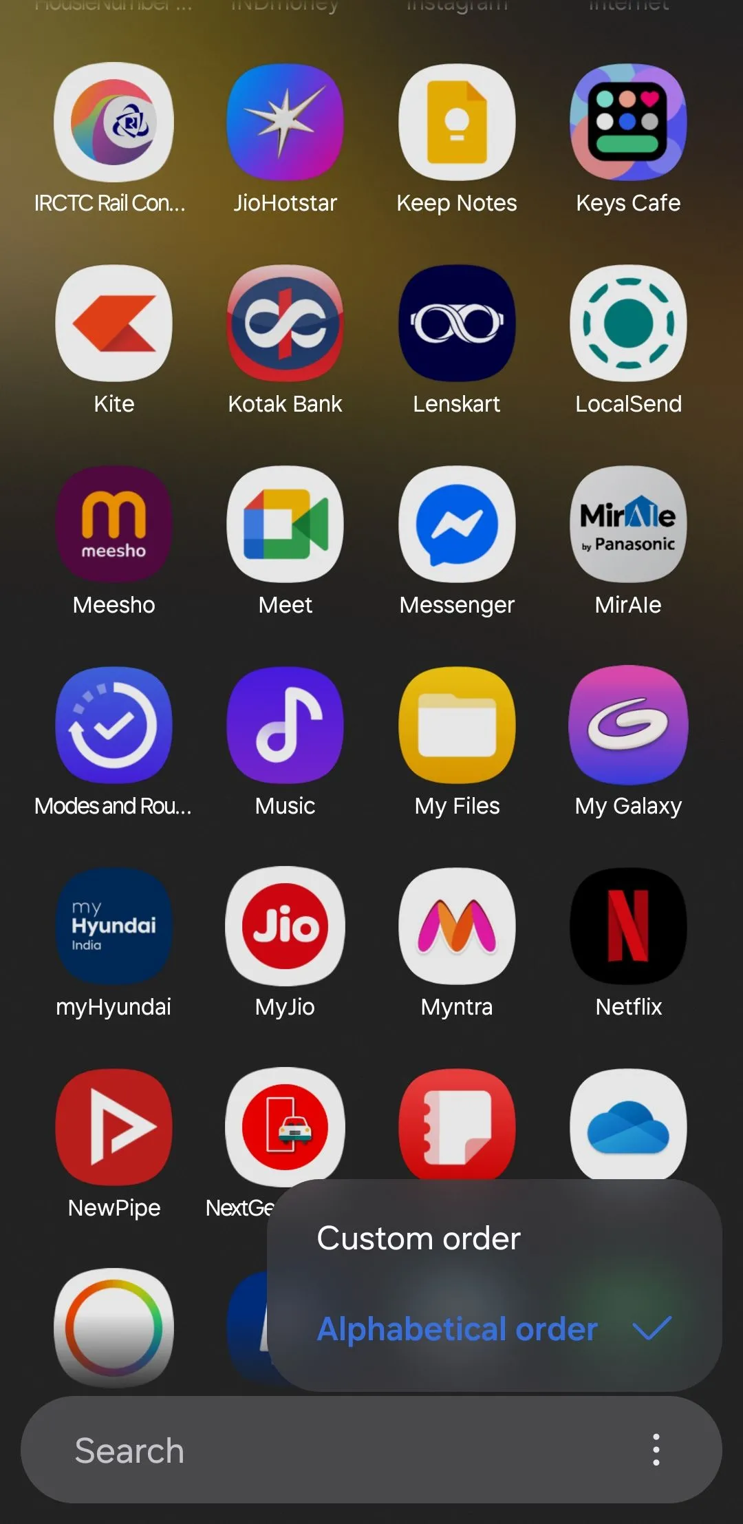 Menu cài đặt ngăn kéo ứng dụng ngang trên One UI 7 Samsung Galaxy