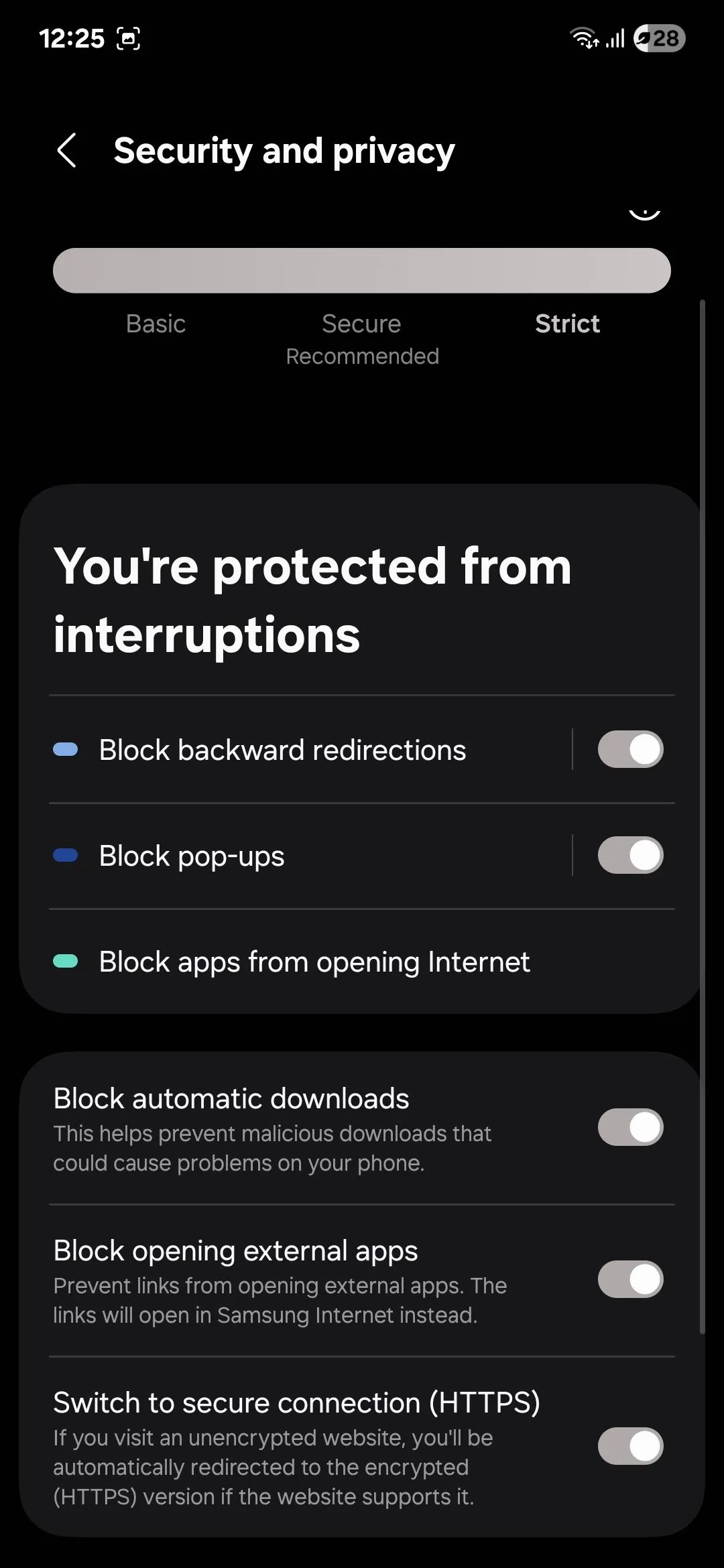 Menu cài đặt quyền riêng tư và bảo mật trên trình duyệt Samsung Internet