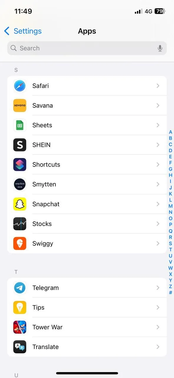Menu cài đặt ứng dụng trên iPhone