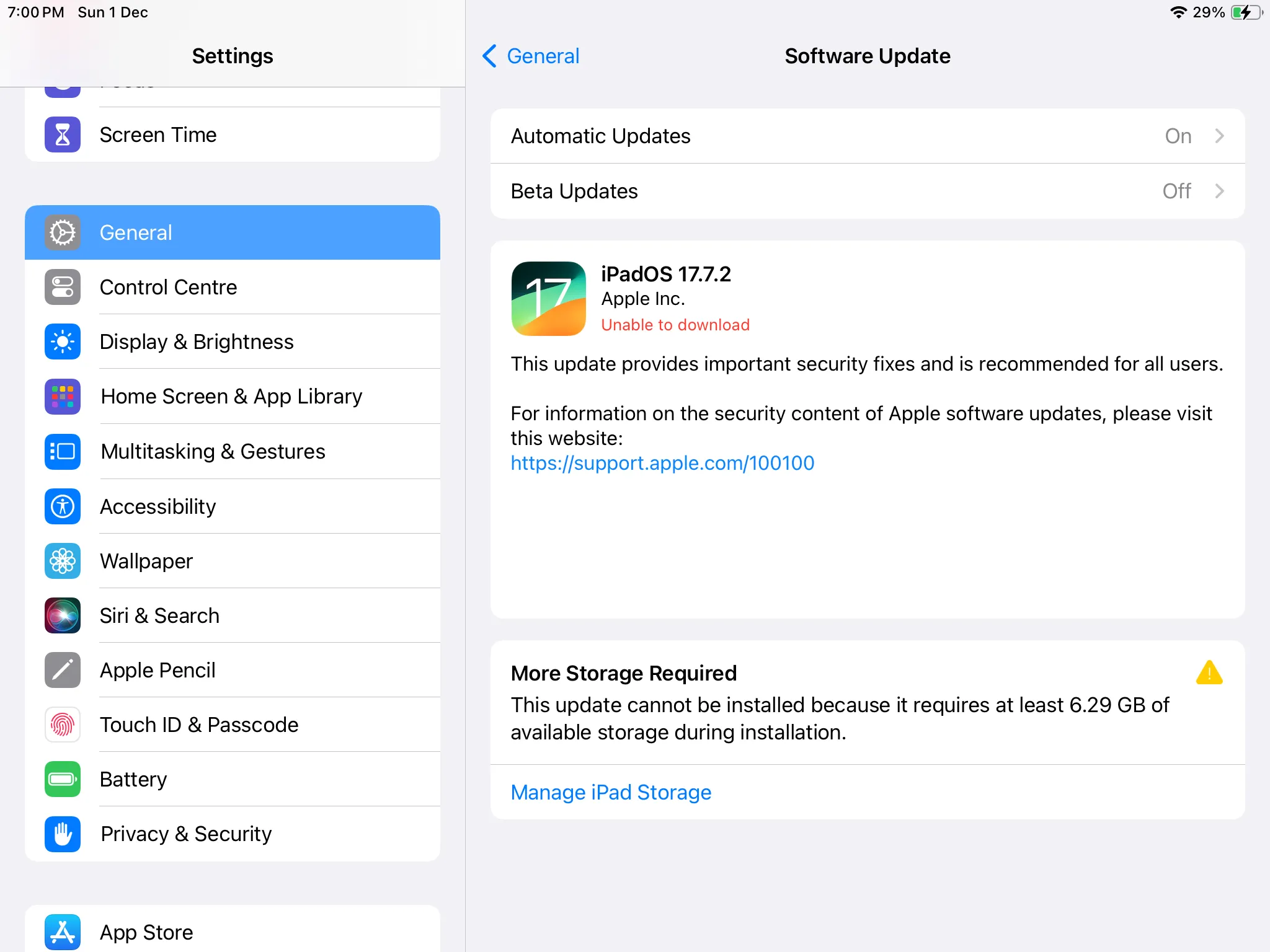 Menu Cập nhật phần mềm iPadOS hiển thị phiên bản iPadOS 17 mới sẵn có để tải về và cài đặt.