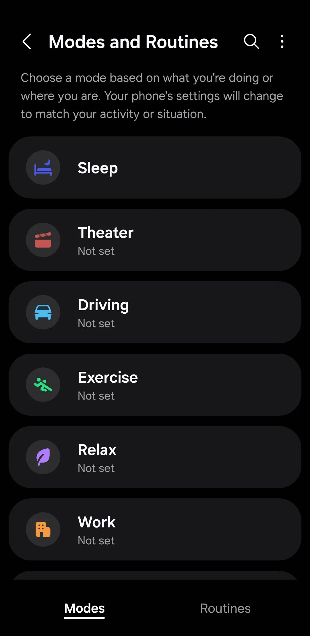 Menu chế độ trên điện thoại Samsung Galaxy