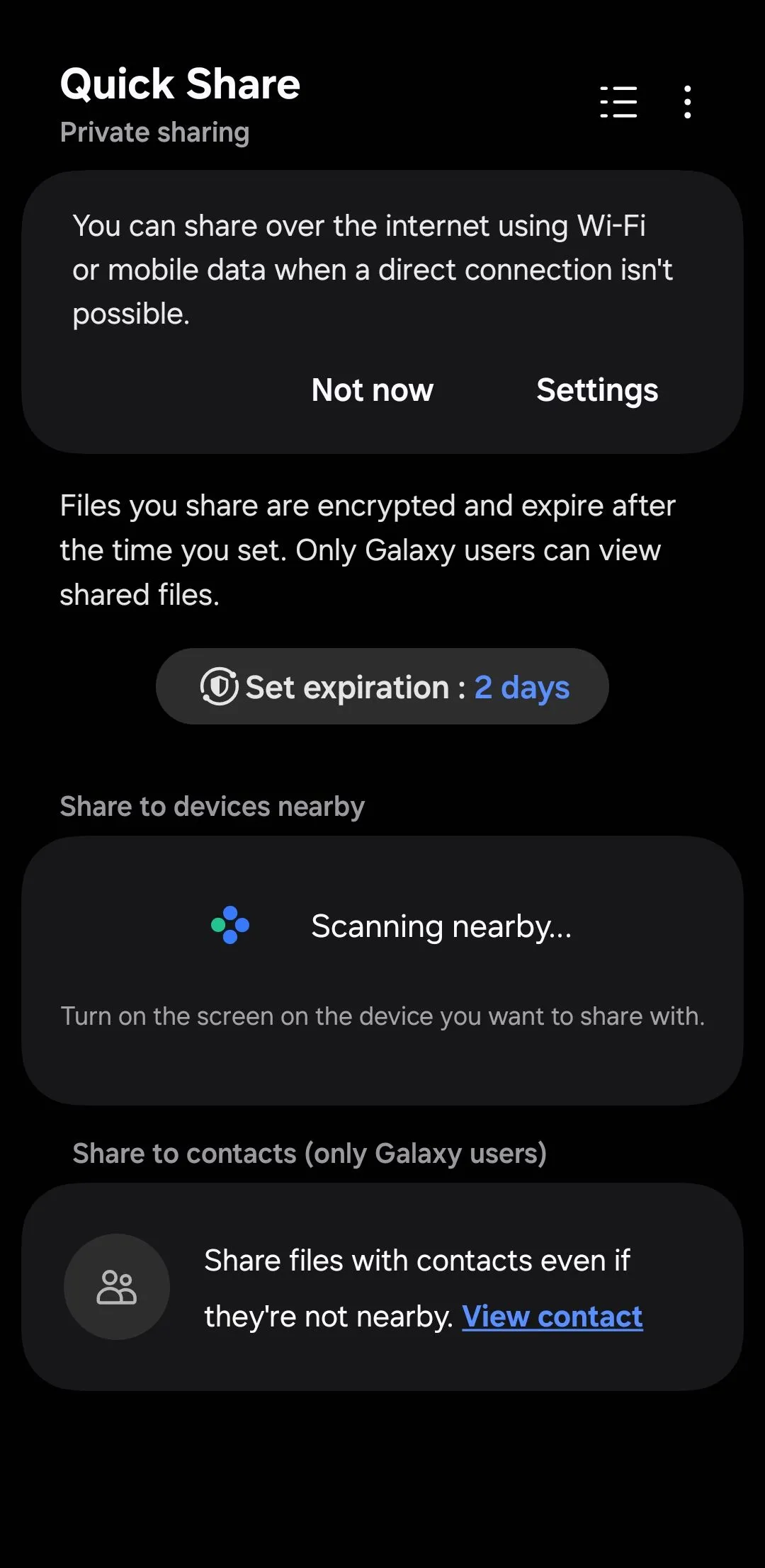 Menu Chia sẻ riêng tư (Private Share) trên điện thoại Samsung.