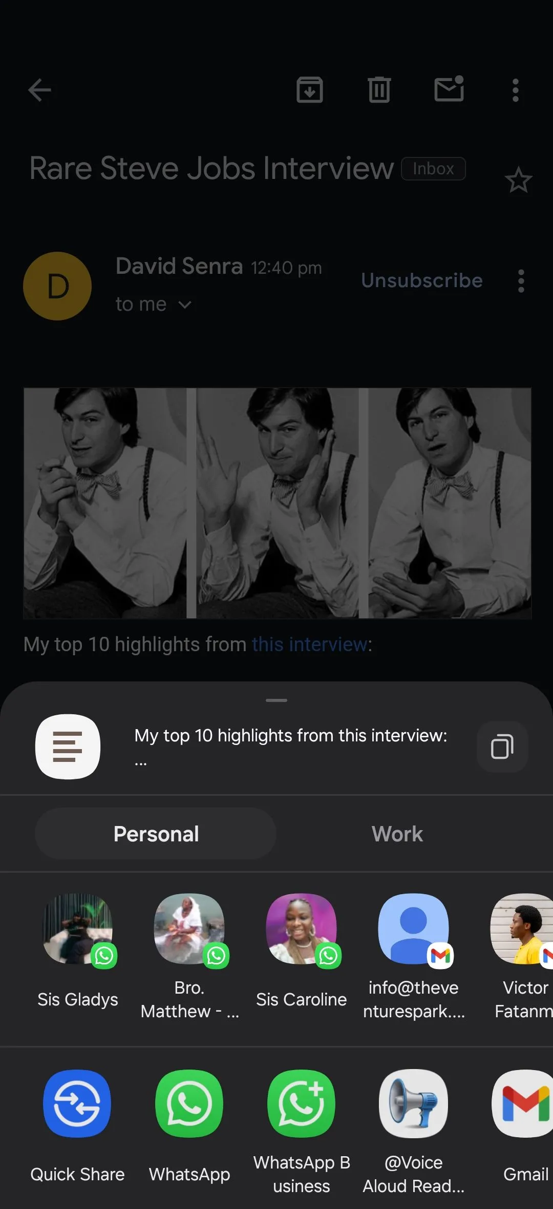 Menu chia sẻ văn bản trên Samsung Galaxy, hiển thị biểu tượng ứng dụng @Voice Aloud Reader