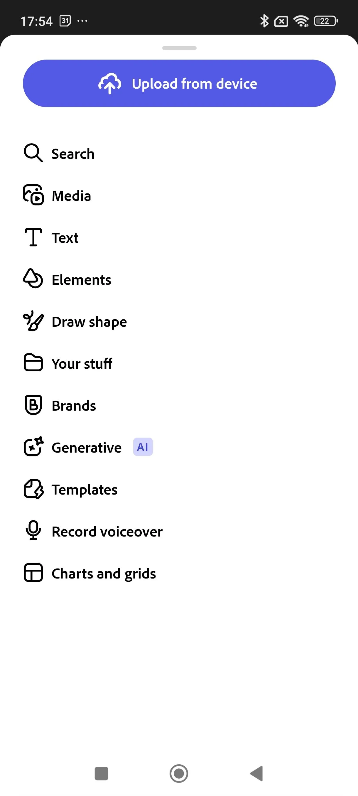 Menu chính của ứng dụng Adobe Express trên thiết bị di động, minh họa rõ ràng việc không có bất kỳ tùy chọn hoặc phần nào liên quan đến 'Add-Ons'.