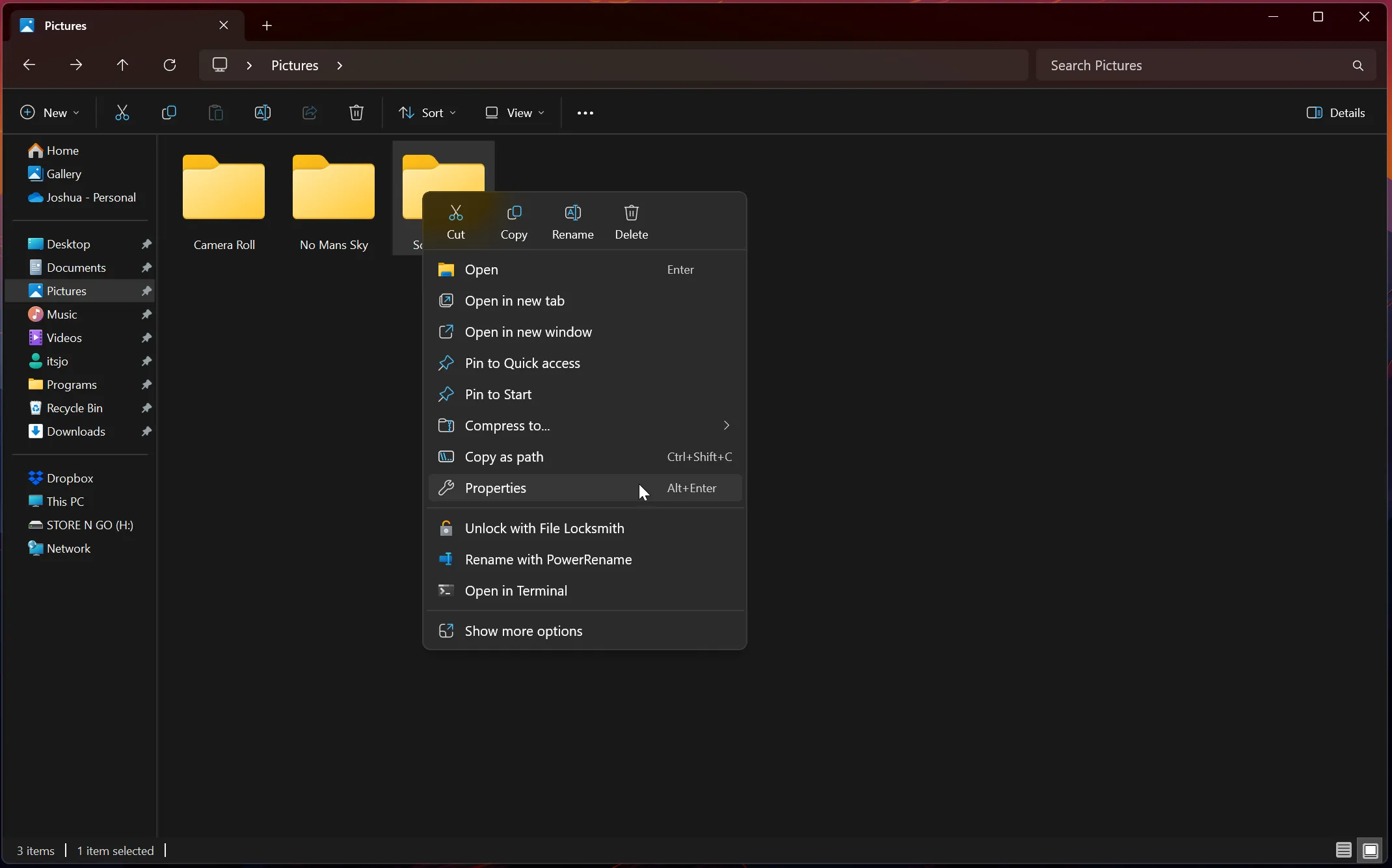 Menu chuột phải của thư mục Screenshots trong File Explorer hiển thị tùy chọn Properties