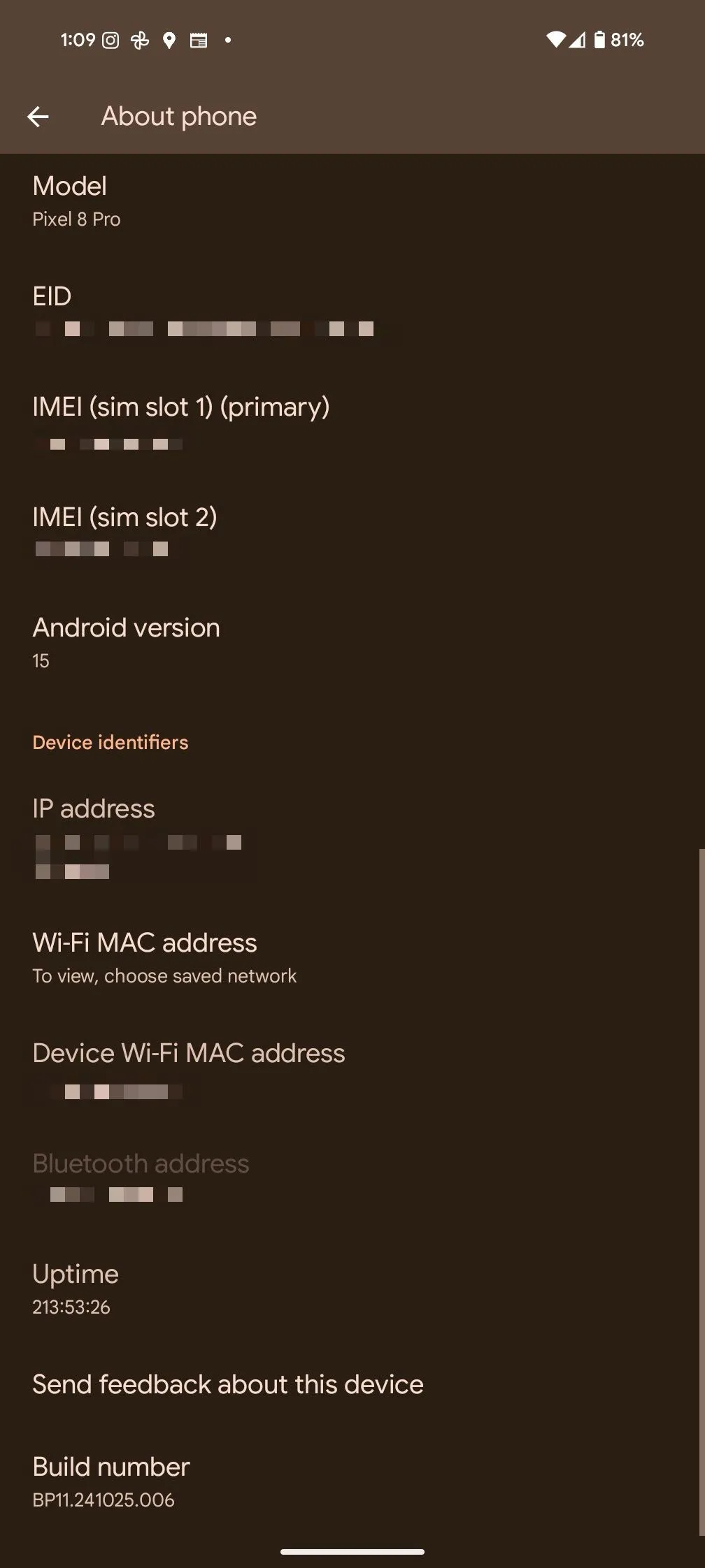 Menu Giới thiệu điện thoại trên Google Pixel 8 Pro hiển thị thông tin về thiết bị và số bản dựng