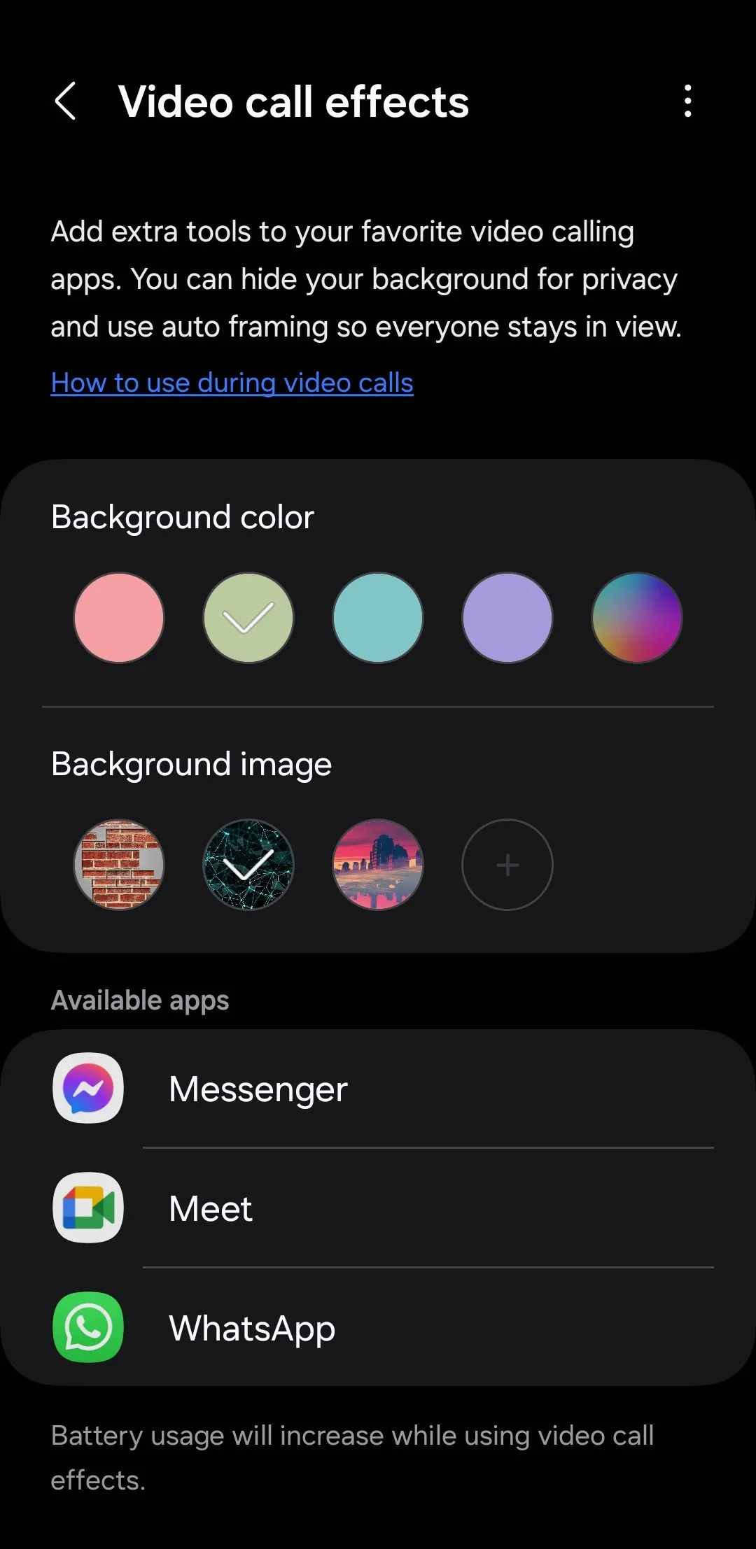 Menu hiệu ứng cuộc gọi video trên điện thoại Samsung