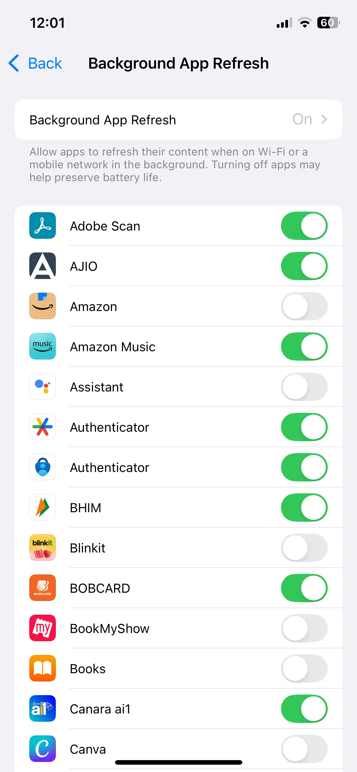 Menu Làm mới ứng dụng trong nền trên iPhone