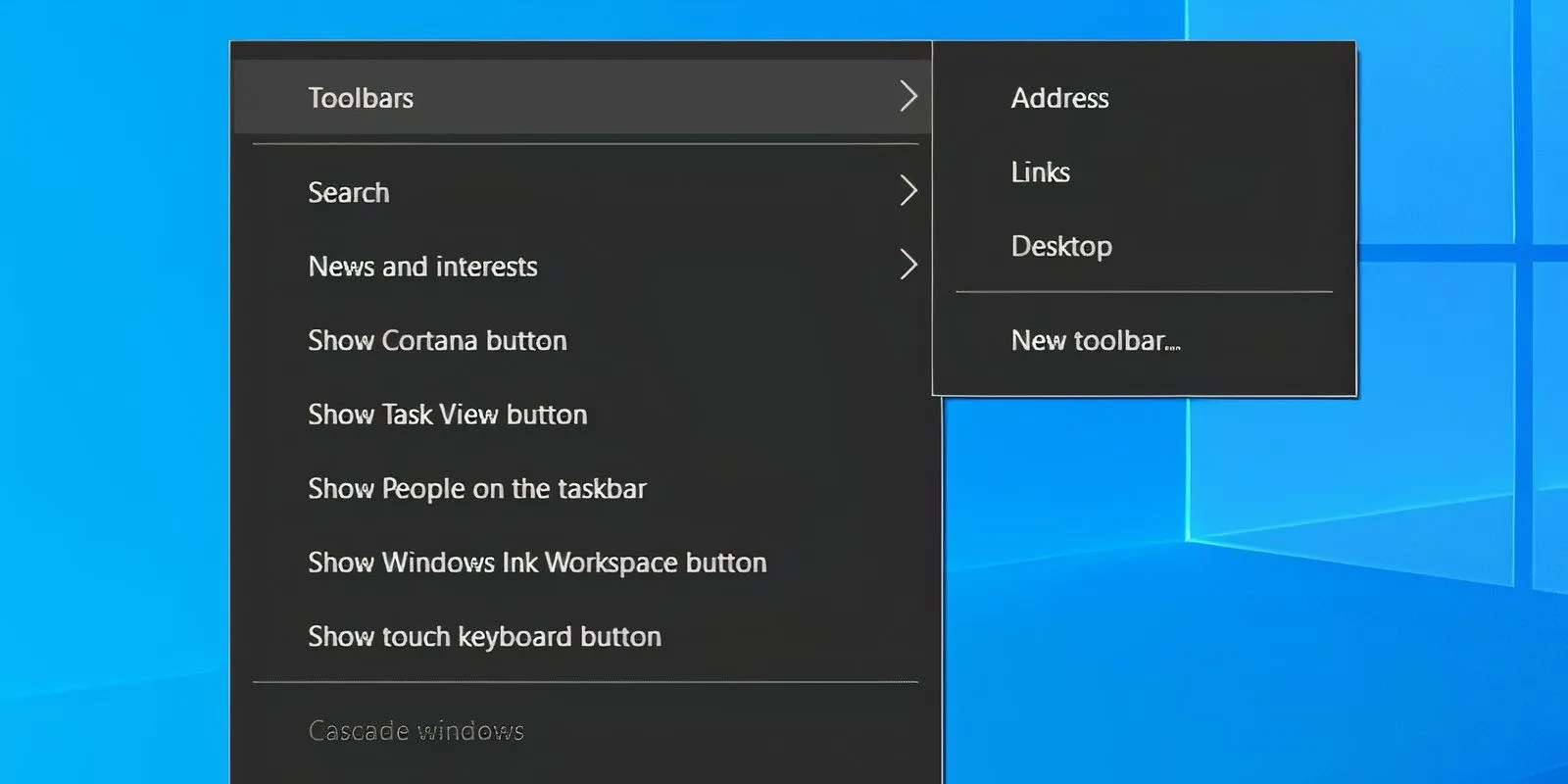 Menu ngữ cảnh của thanh Taskbar Windows 10 hiển thị tùy chọn Toolbars và Links.