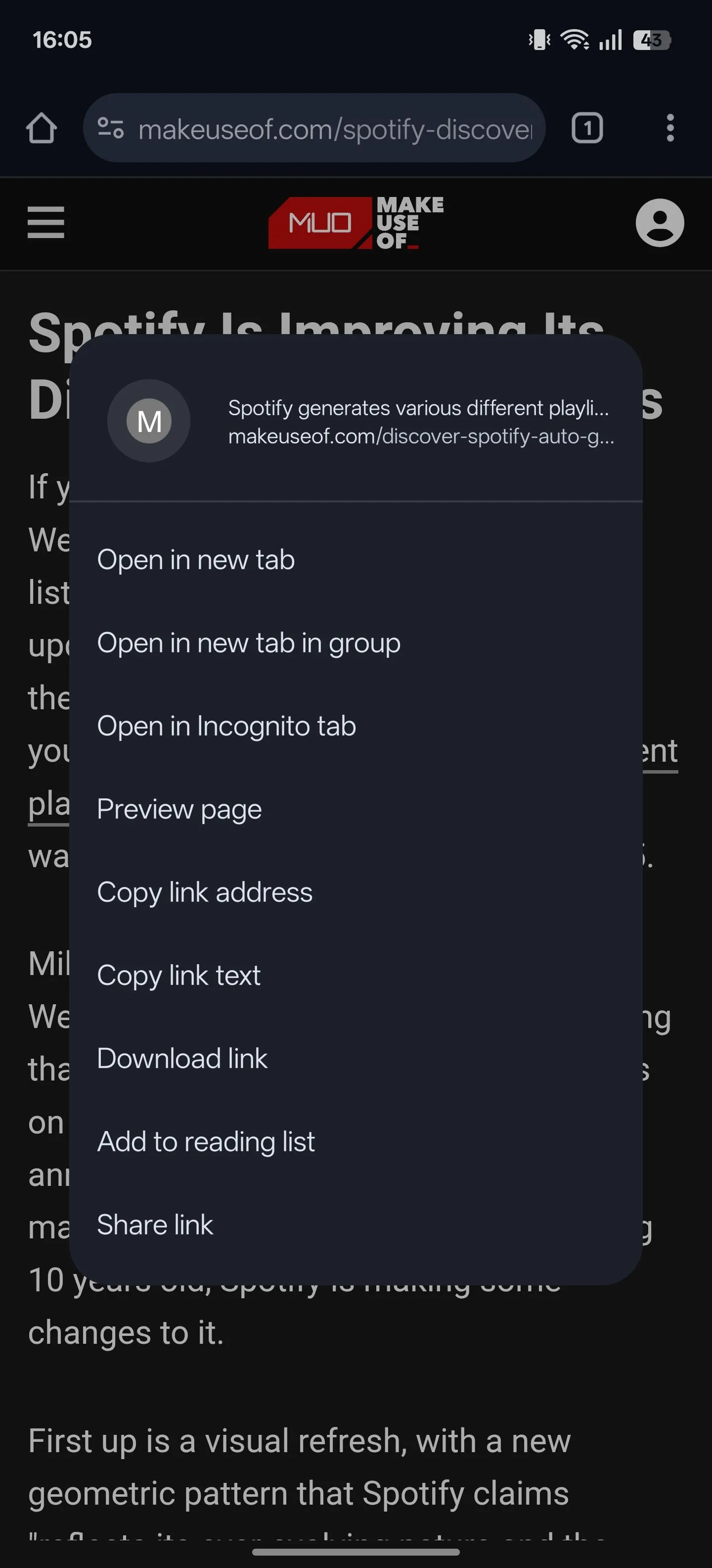 Menu ngữ cảnh hiển thị khi nhấn giữ một liên kết trên Chrome Android, với tùy chọn &quot;Xem trước trang&quot;.
