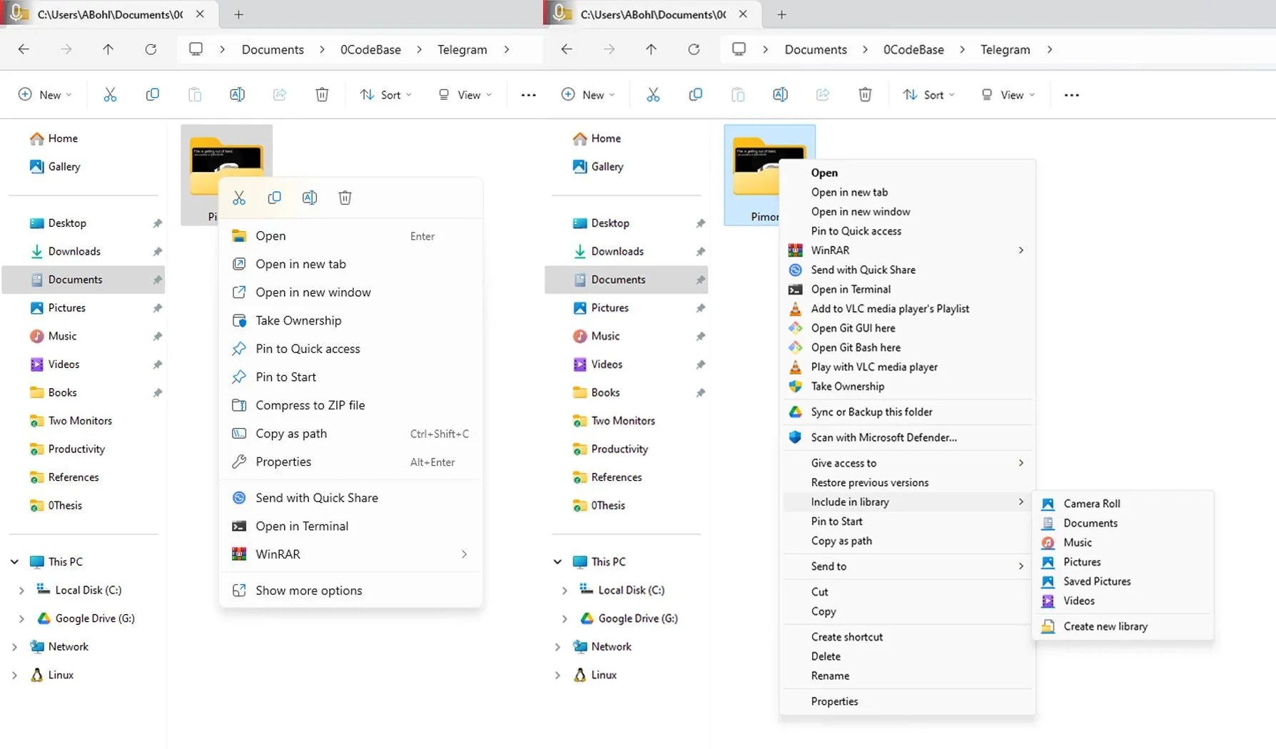 menu ngữ cảnh Windows 11 mới so sánh với menu chuột phải cổ điển