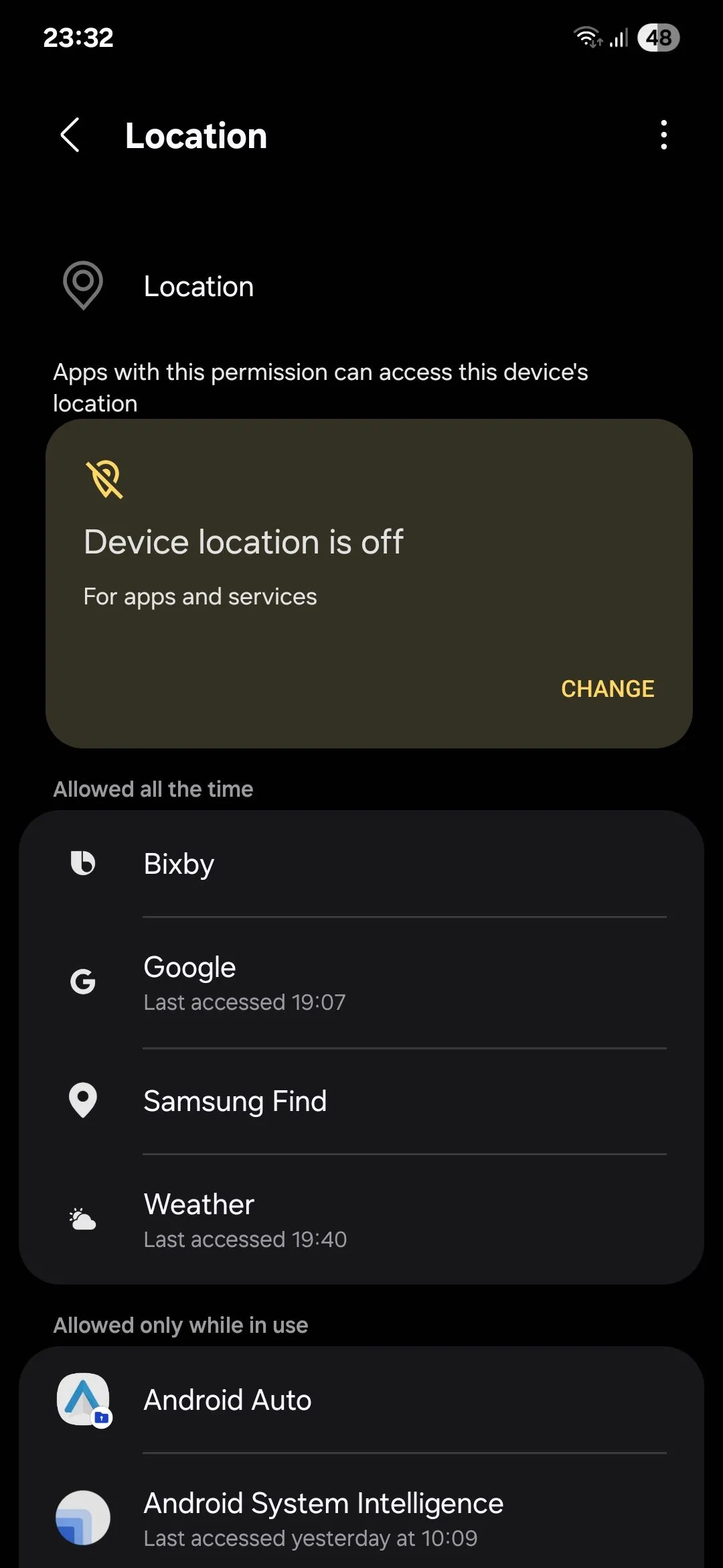 Menu quyền truy cập vị trí ứng dụng trên điện thoại Samsung, hiển thị các ứng dụng đã cấp quyền.