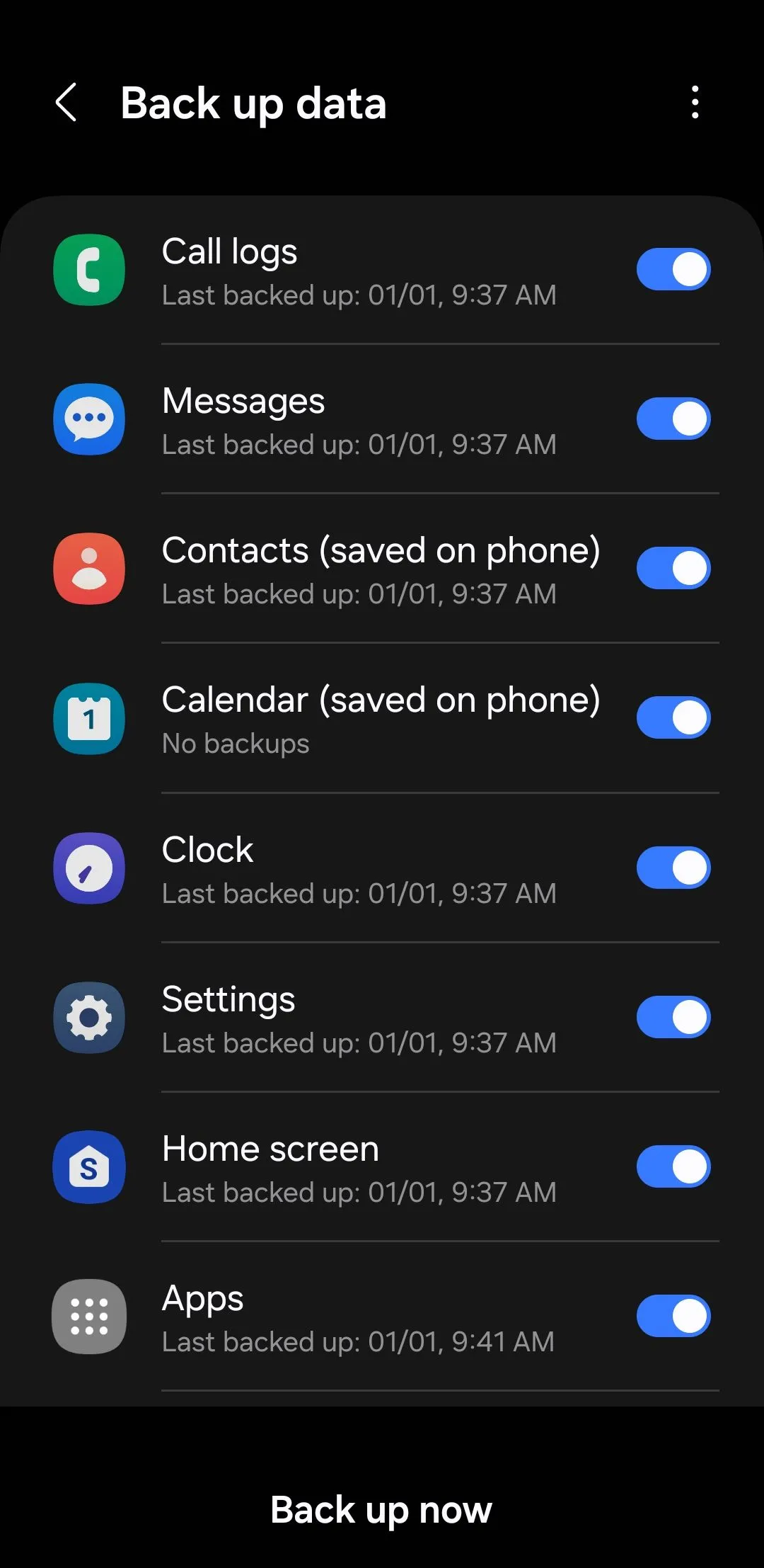 Menu sao lưu dữ liệu trên điện thoại Android, hiển thị các tùy chọn để sao lưu thông tin cá nhân và cài đặt ứng dụng