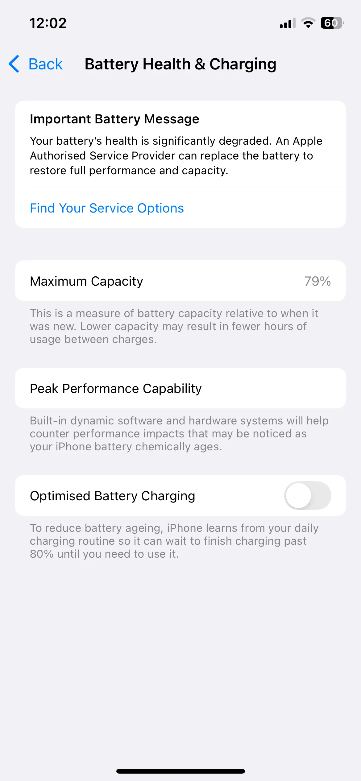 Menu tình trạng pin và sức khỏe pin trên iPhone