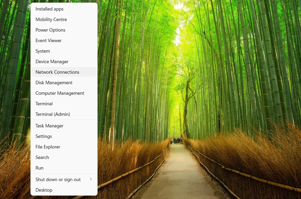 Menu Truy Cập Nhanh (Win+X) trong Windows với tùy chọn 'Kết nối Mạng' để quản lý bộ điều hợp mạng