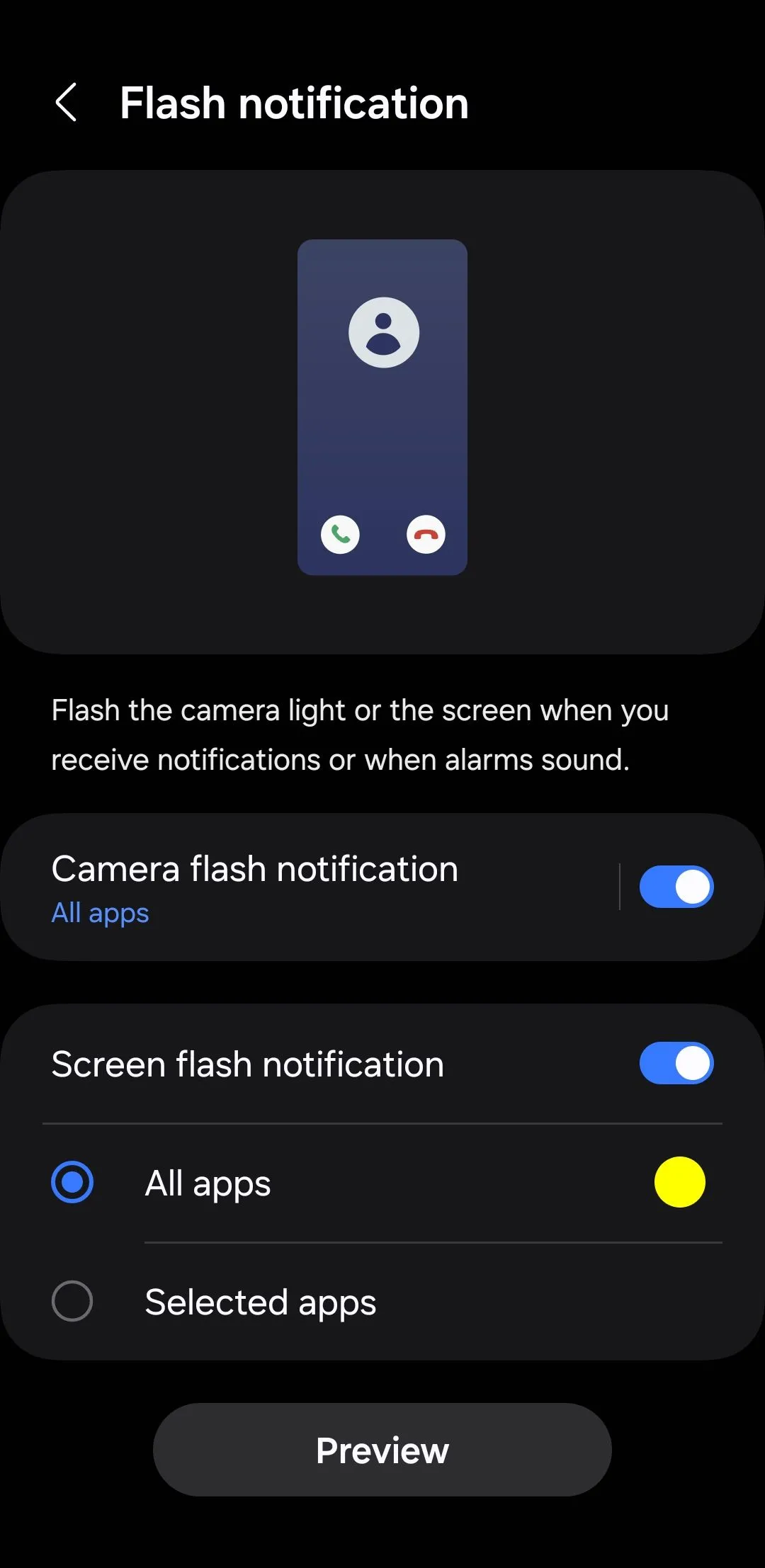 Menu tùy chỉnh thông báo đèn flash trên Android
