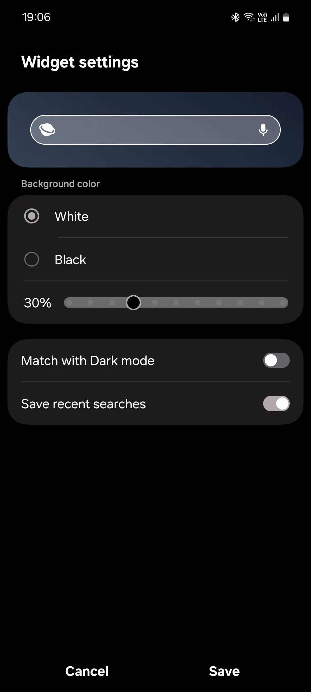 Menu tùy chỉnh widget tìm kiếm của Samsung Internet, cho phép chọn công cụ tìm kiếm mặc định.