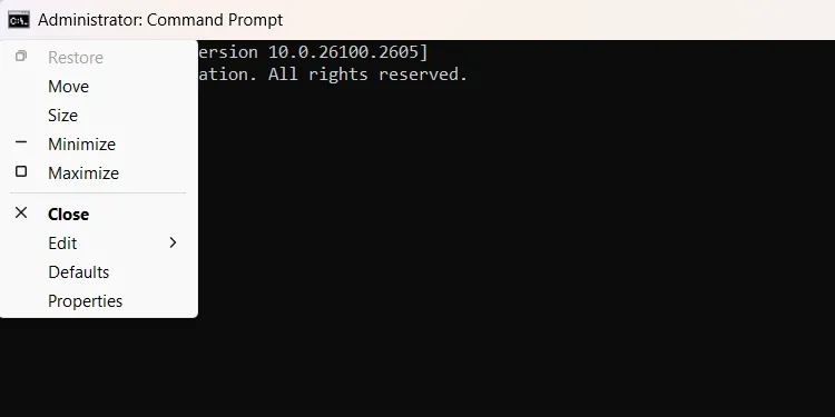 Menu tùy chọn Command Prompt khi click chuột phải vào icon trên thanh tiêu đề.