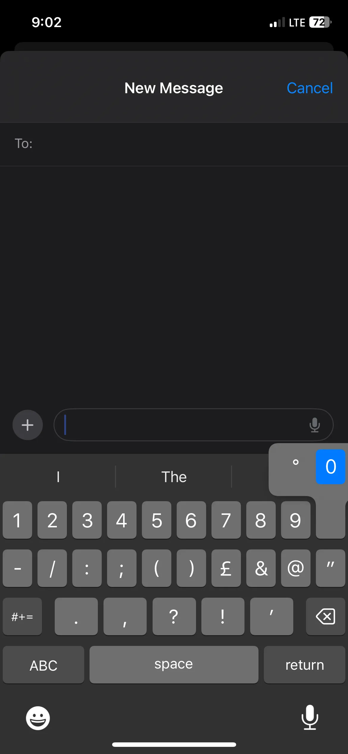 Menu tùy chọn xuất hiện khi nhấn giữ phím số 0 trên bàn phím iPhone, cho phép chọn ký hiệu độ (°).