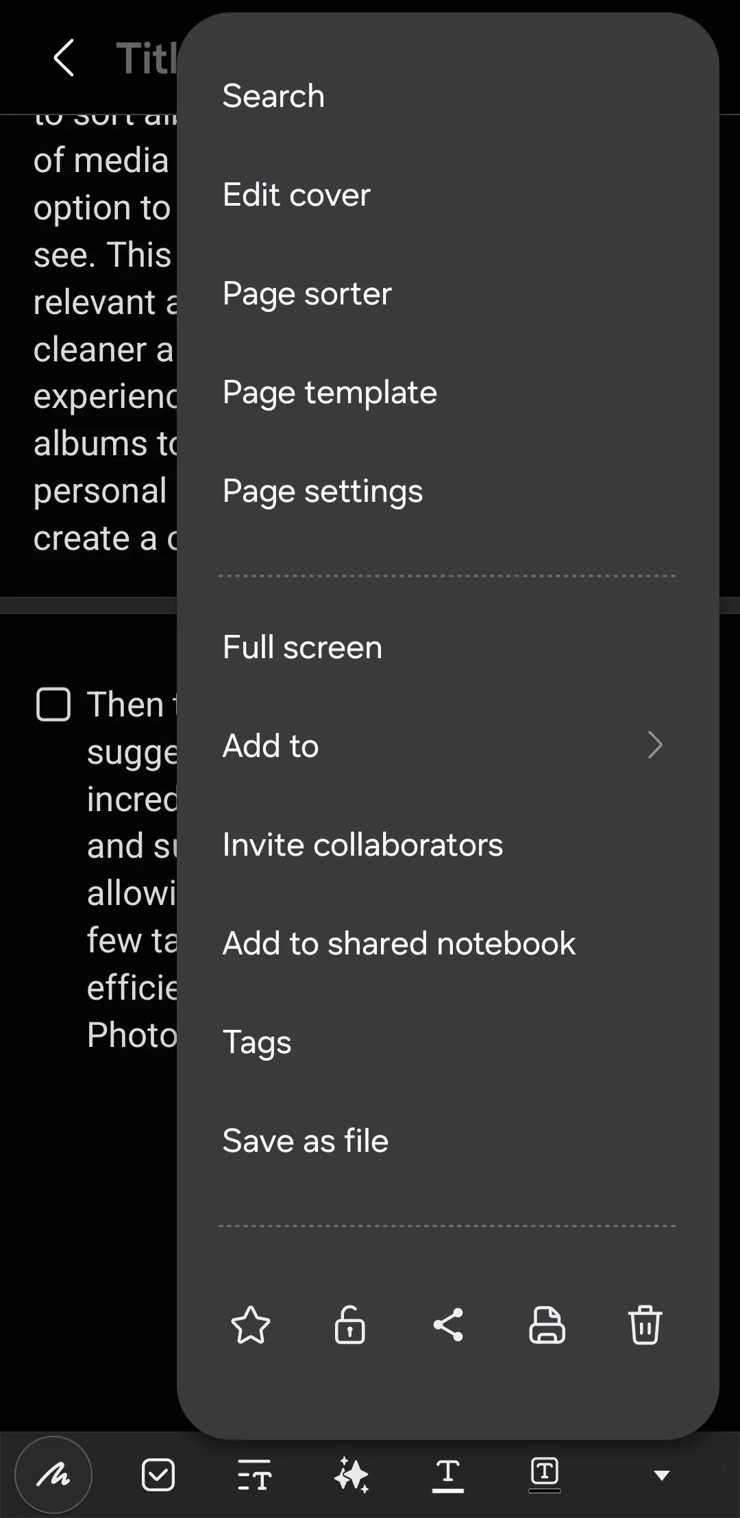 Menu tùy chọn xuất tệp trong ứng dụng Samsung Notes