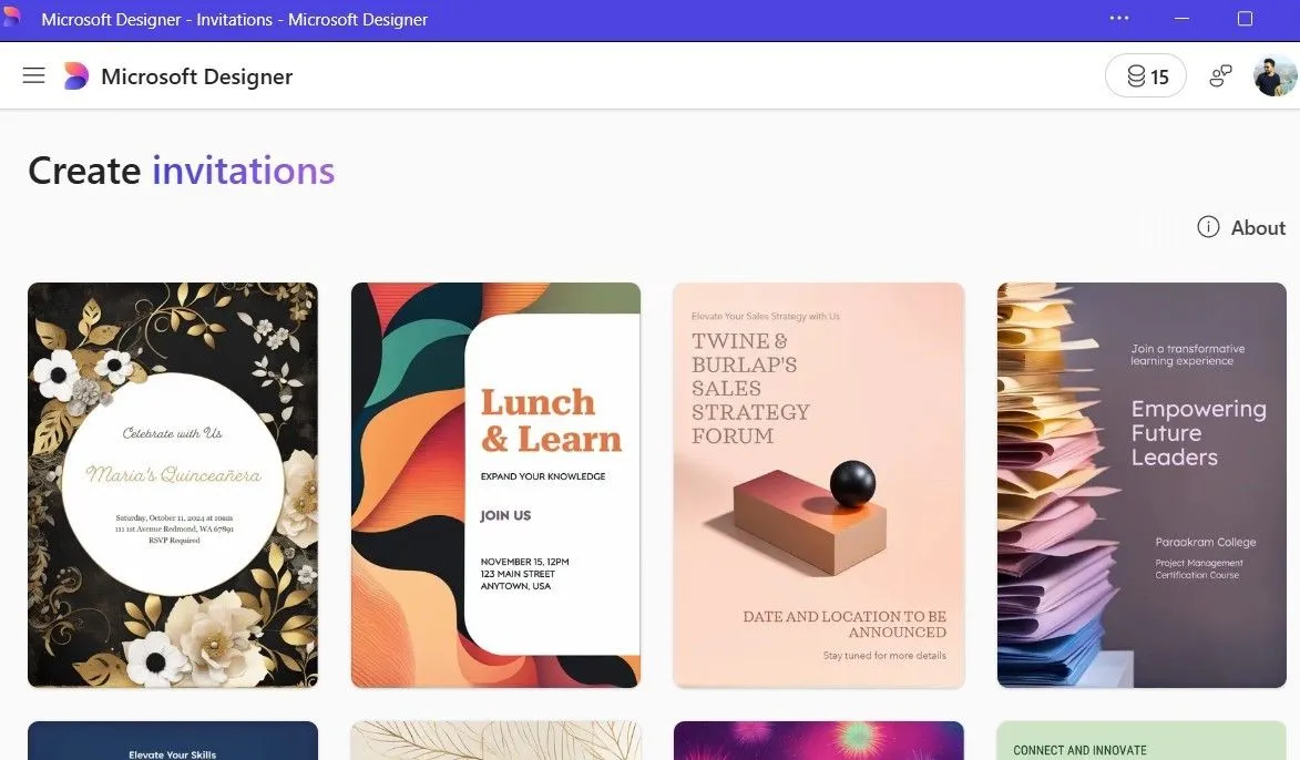 Microsoft Designer với bộ sưu tập các mẫu thiệp mời sẵn có, giúp người dùng dễ dàng bắt đầu thiết kế