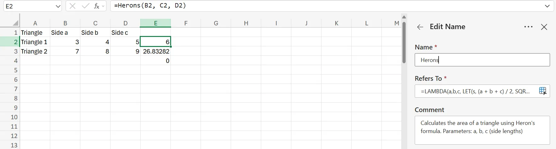 Minh họa cách hàm LAMBDA tính diện tích tam giác Heron trong Excel