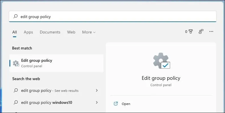 Mở Group Policy Editor bằng tìm kiếm Windows