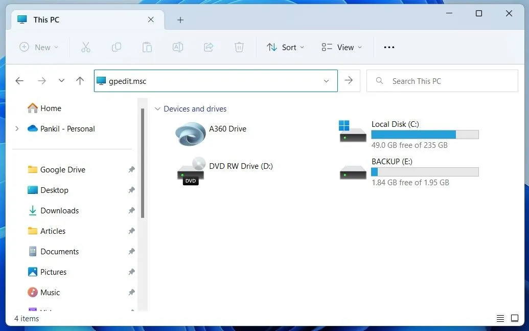 Mở Group Policy Editor qua File Explorer