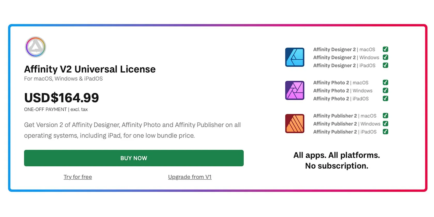 Mô hình định giá Affinity Photo hiển thị chi phí giấy phép vĩnh viễn cho các ứng dụng riêng lẻ và gói Universal License