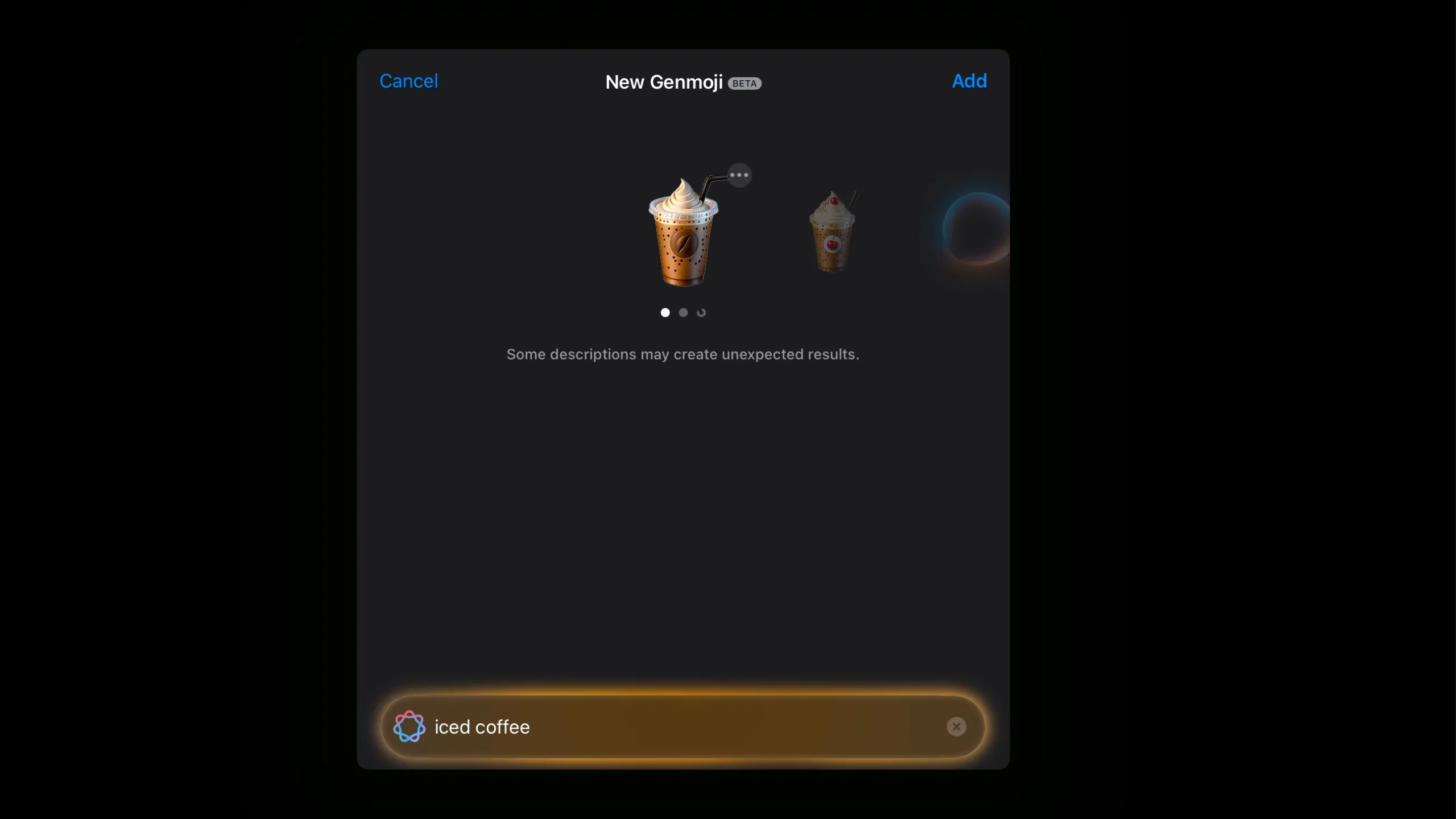 Một biểu tượng Genmoji hình ly cà phê sữa đá được tạo ra từ Apple Intelligence.